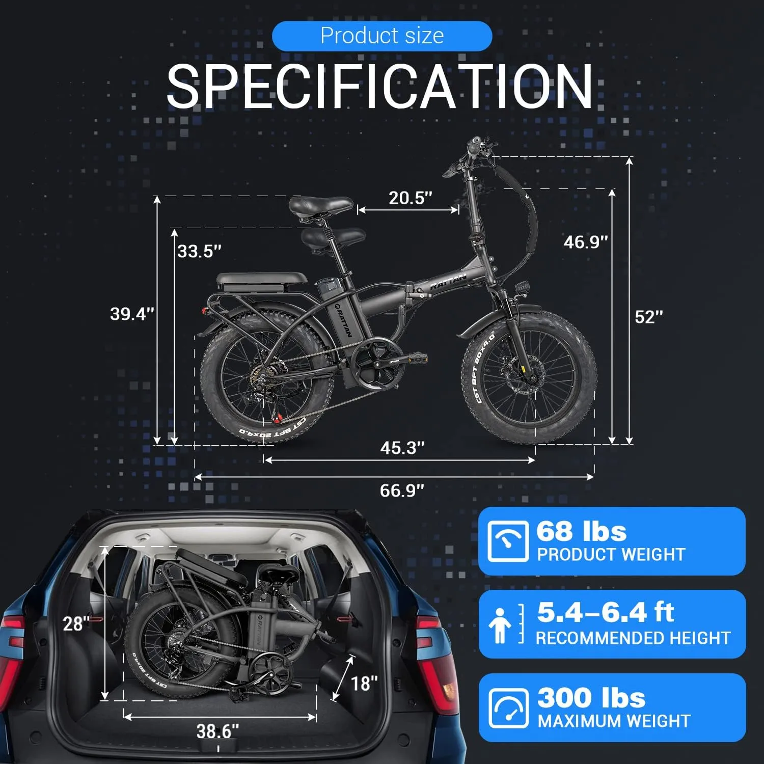 Rattan LM/LF Pro/Ultra 1500/1800W(Peak) Electric Bike, 13Ah/40.5Ah Battery, 60-120Miles Range,Folding Electric Bike, 28MPH/33MPH Foldable Ebikes, Hydraulic Brakes, 20" X 4.0 Fat Tire Ebike, 2 Seater