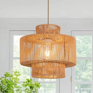 Rattan Pendant Light Boho Chandelier for Dinning Room Bohemian Hanging Lights 3-Tier Rattan Chandelier Basket Light Woven Light for Bedroom Entrance Hallway Kitchen Island Light Fixture