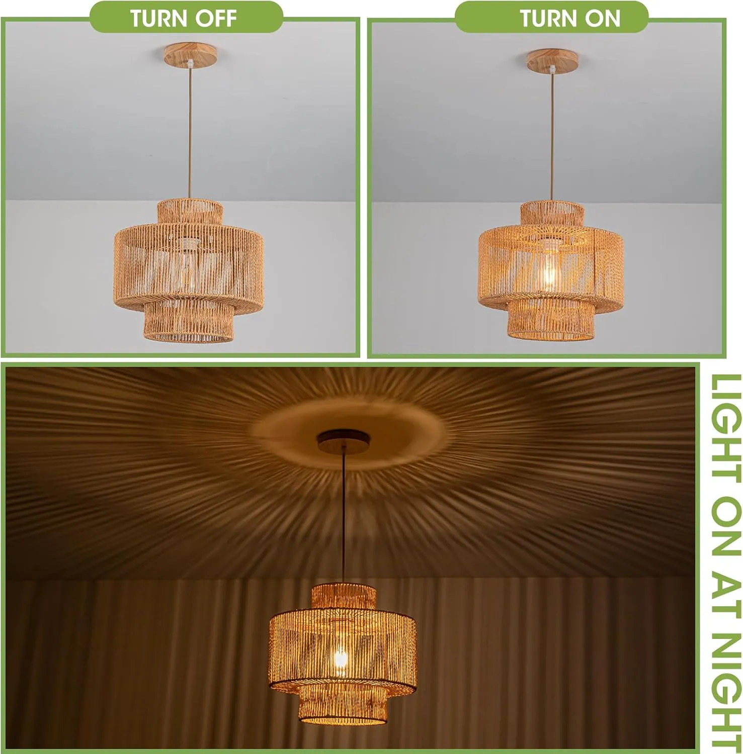 Rattan Pendant Light Boho Chandelier for Dinning Room Bohemian Hanging Lights 3-Tier Rattan Chandelier Basket Light Woven Light for Bedroom Entrance Hallway Kitchen Island Light Fixture