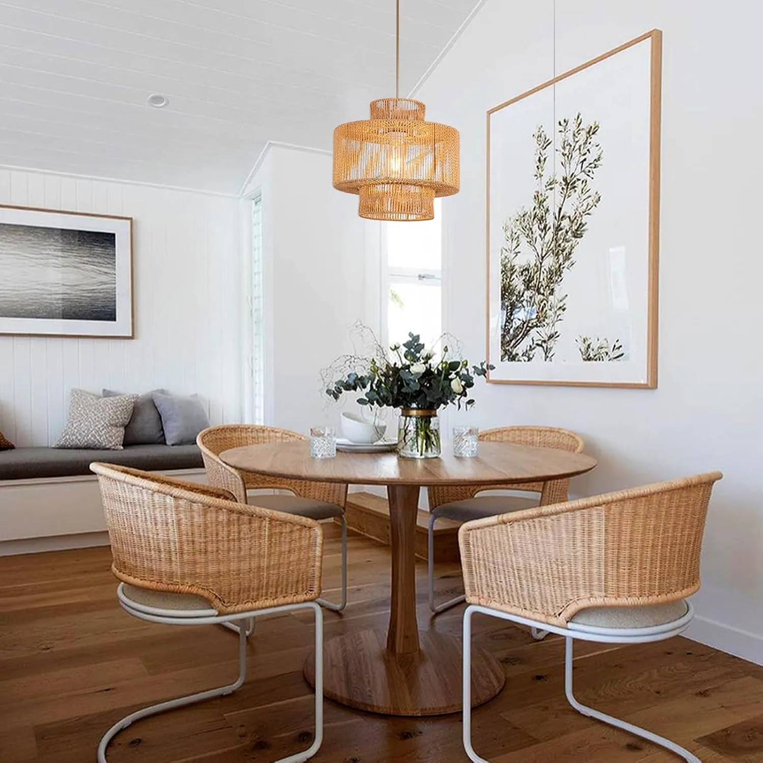 Rattan Pendant Light Boho Chandelier for Dinning Room Bohemian Hanging Lights 3-Tier Rattan Chandelier Basket Light Woven Light for Bedroom Entrance Hallway Kitchen Island Light Fixture