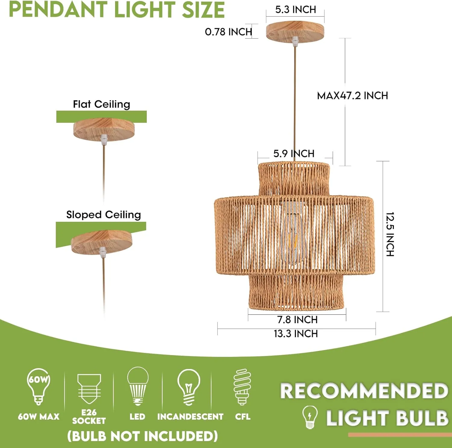 Rattan Pendant Light Boho Chandelier for Dinning Room Bohemian Hanging Lights 3-Tier Rattan Chandelier Basket Light Woven Light for Bedroom Entrance Hallway Kitchen Island Light Fixture