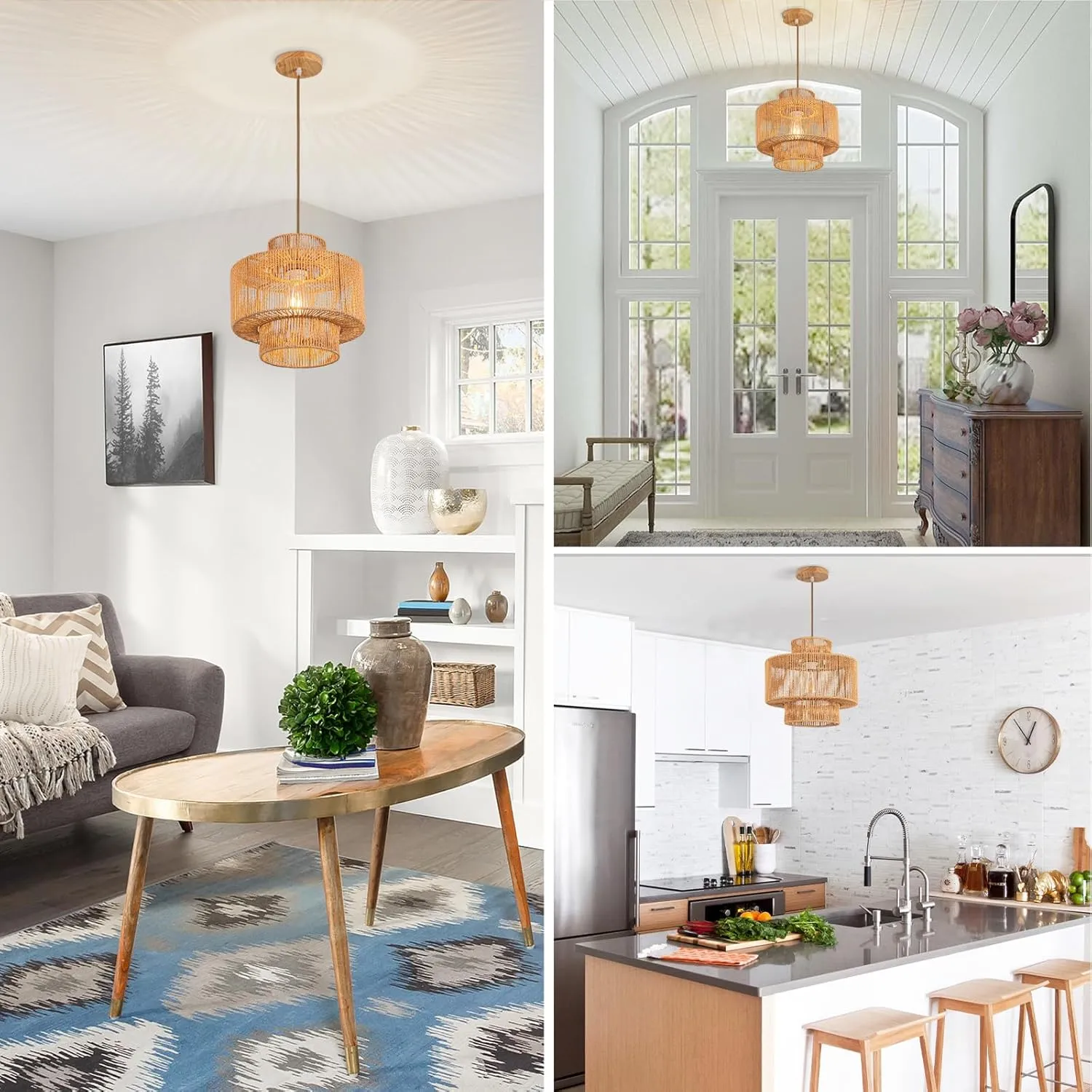 Rattan Pendant Light Boho Chandelier for Dinning Room Bohemian Hanging Lights 3-Tier Rattan Chandelier Basket Light Woven Light for Bedroom Entrance Hallway Kitchen Island Light Fixture