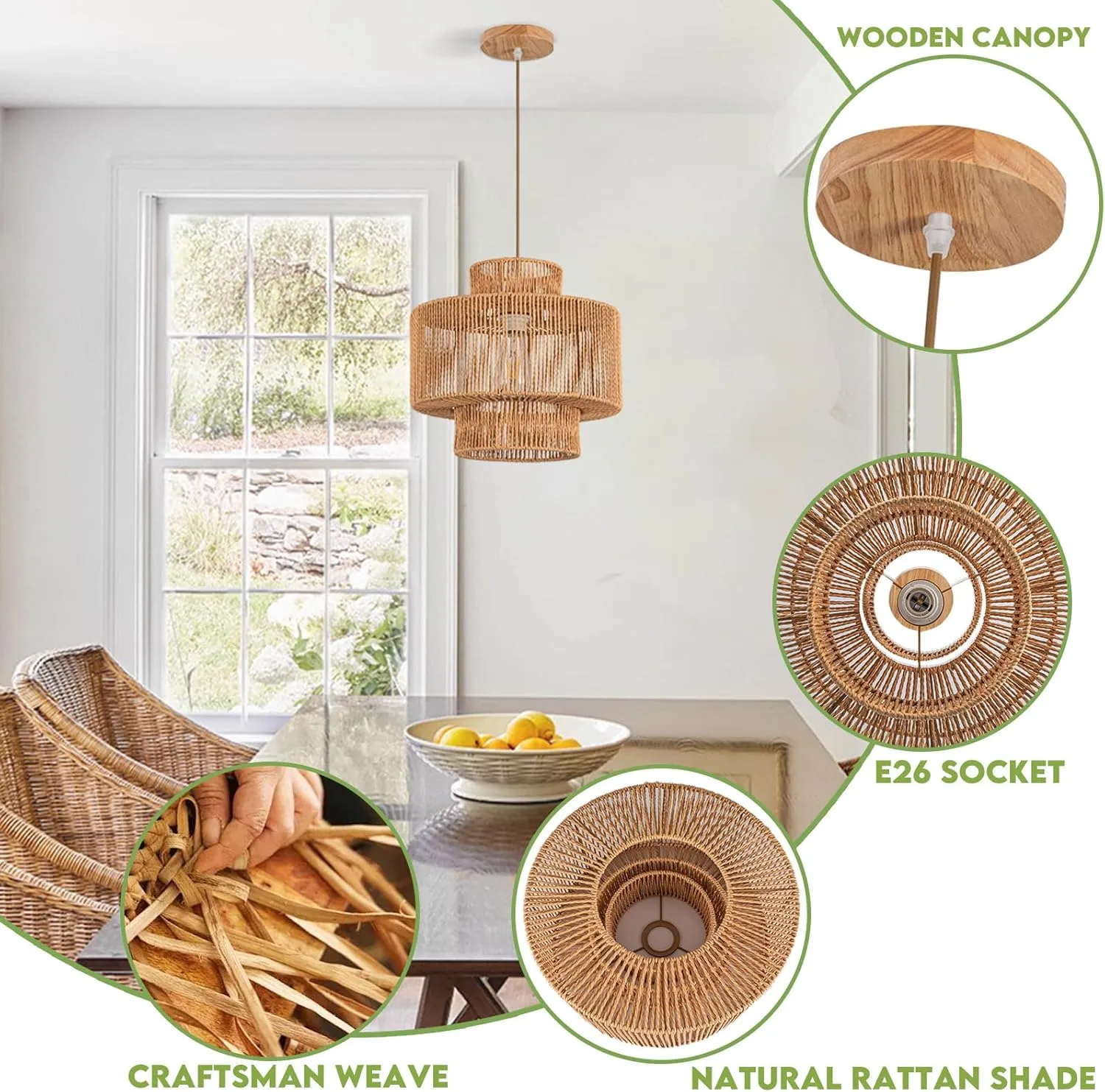Rattan Pendant Light Boho Chandelier for Dinning Room Bohemian Hanging Lights 3-Tier Rattan Chandelier Basket Light Woven Light for Bedroom Entrance Hallway Kitchen Island Light Fixture