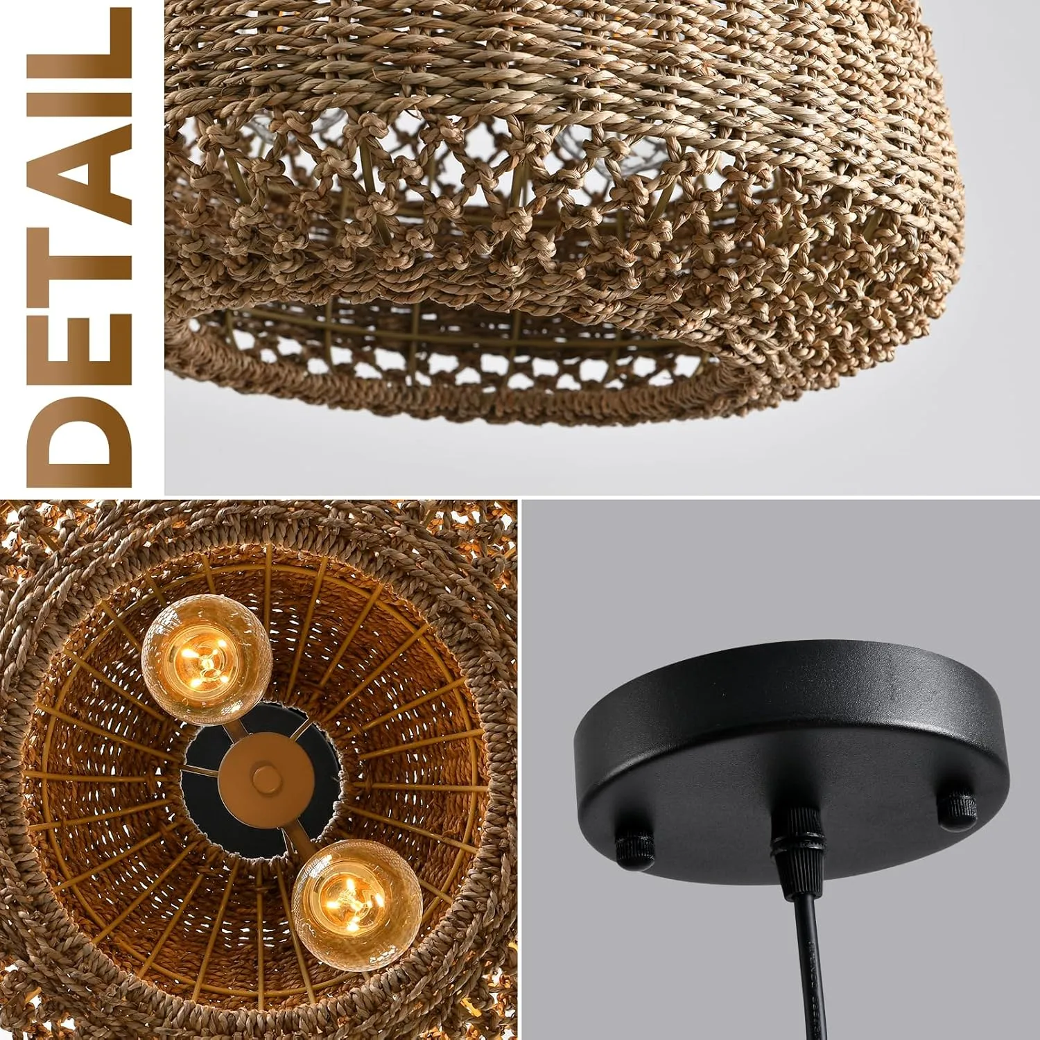 Rattan Pendant Light Kitchen Island 15.8in Boho Brown Chandelier Wicker Lights Fixture Woven Basket Hanging Ceiling Lighting for Dining Living Room Bedroom Restaurant Farmhouse Foyer