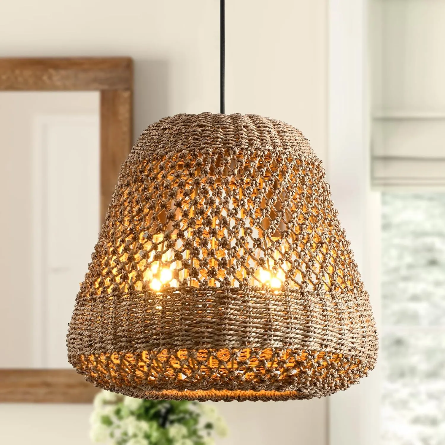 Rattan Pendant Light Kitchen Island 15.8in Boho Brown Chandelier Wicker Lights Fixture Woven Basket Hanging Ceiling Lighting for Dining Living Room Bedroom Restaurant Farmhouse Foyer