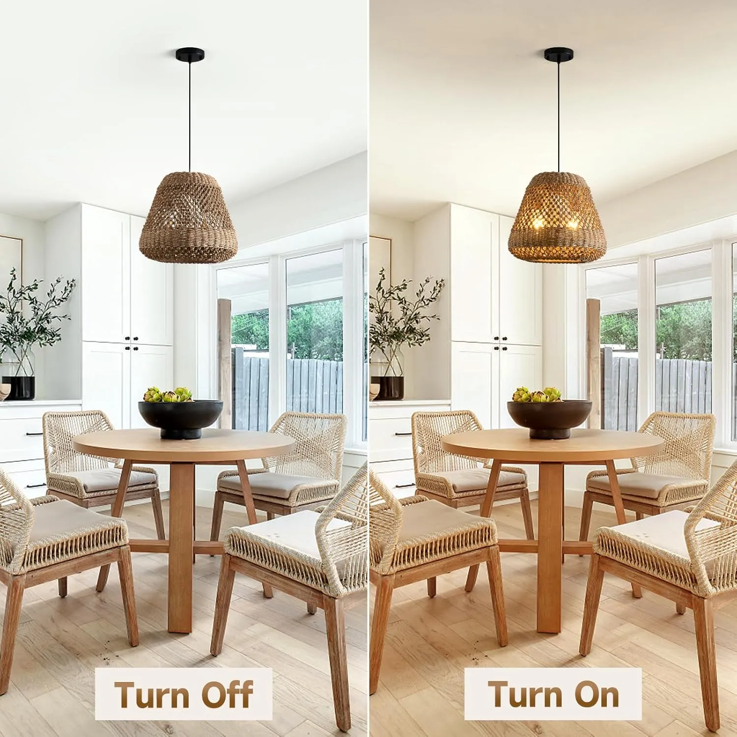 Rattan Pendant Light Kitchen Island 15.8in Boho Brown Chandelier Wicker Lights Fixture Woven Basket Hanging Ceiling Lighting for Dining Living Room Bedroom Restaurant Farmhouse Foyer
