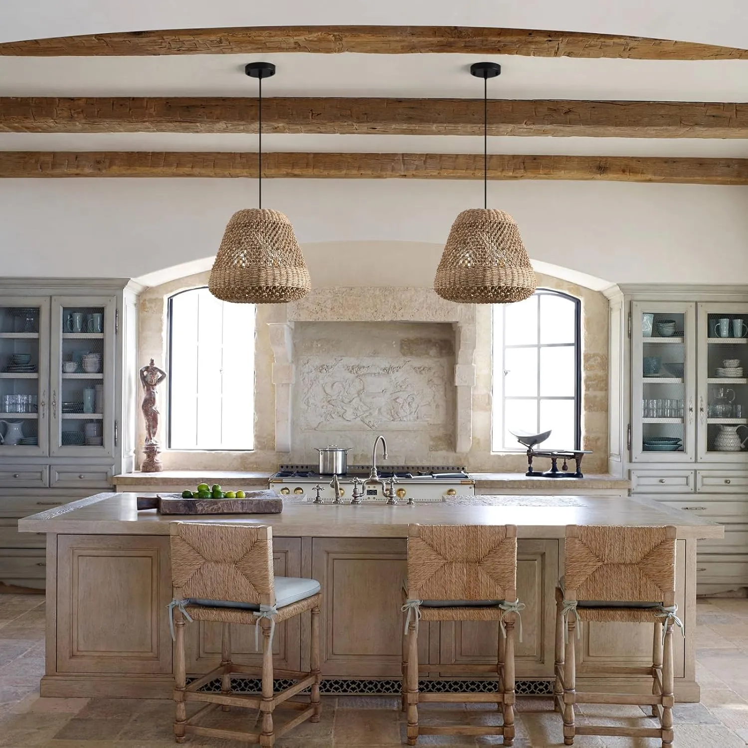 Rattan Pendant Light Kitchen Island 15.8in Boho Brown Chandelier Wicker Lights Fixture Woven Basket Hanging Ceiling Lighting for Dining Living Room Bedroom Restaurant Farmhouse Foyer