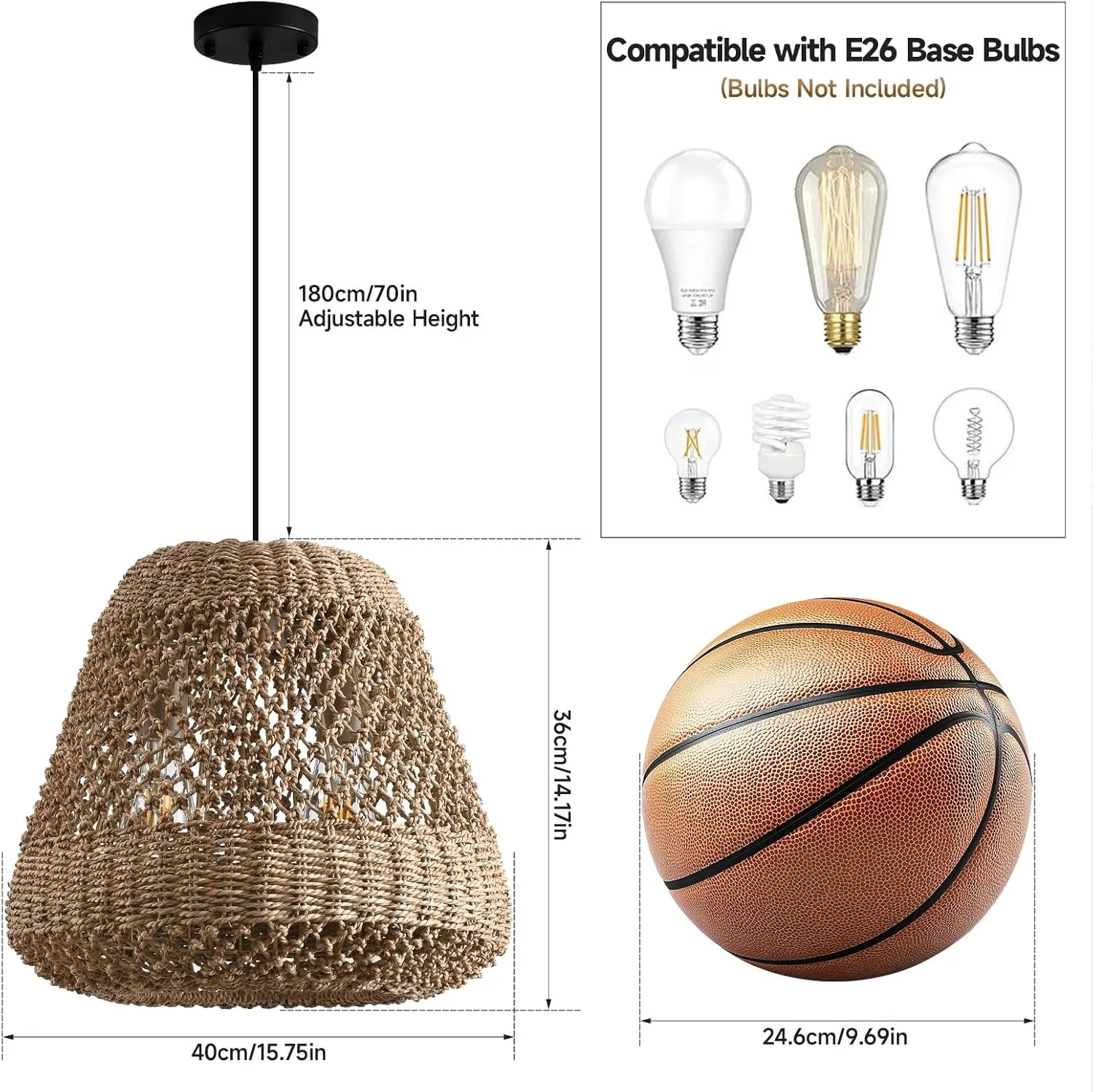 Rattan Pendant Light Kitchen Island 15.8in Boho Brown Chandelier Wicker Lights Fixture Woven Basket Hanging Ceiling Lighting for Dining Living Room Bedroom Restaurant Farmhouse Foyer
