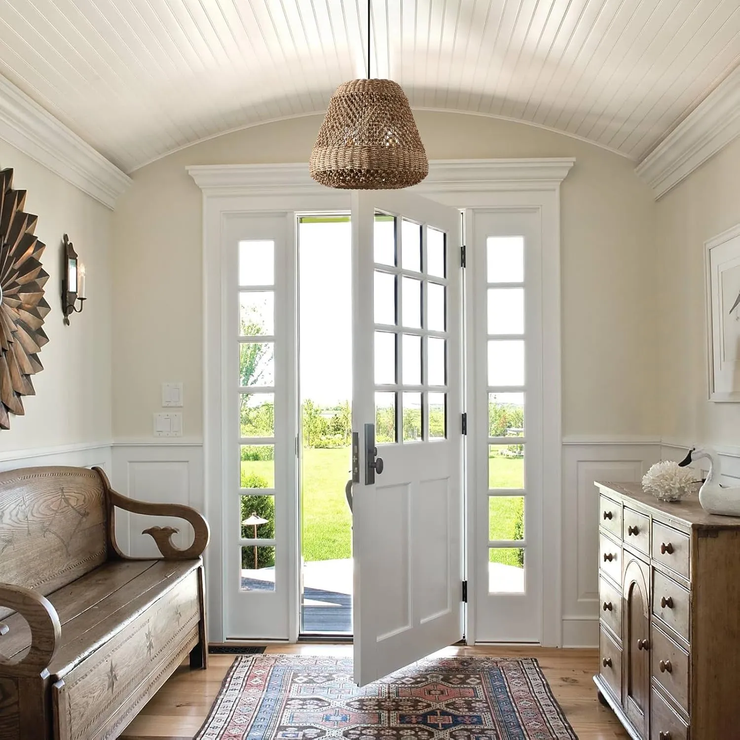 Rattan Pendant Light Kitchen Island 15.8in Boho Brown Chandelier Wicker Lights Fixture Woven Basket Hanging Ceiling Lighting for Dining Living Room Bedroom Restaurant Farmhouse Foyer