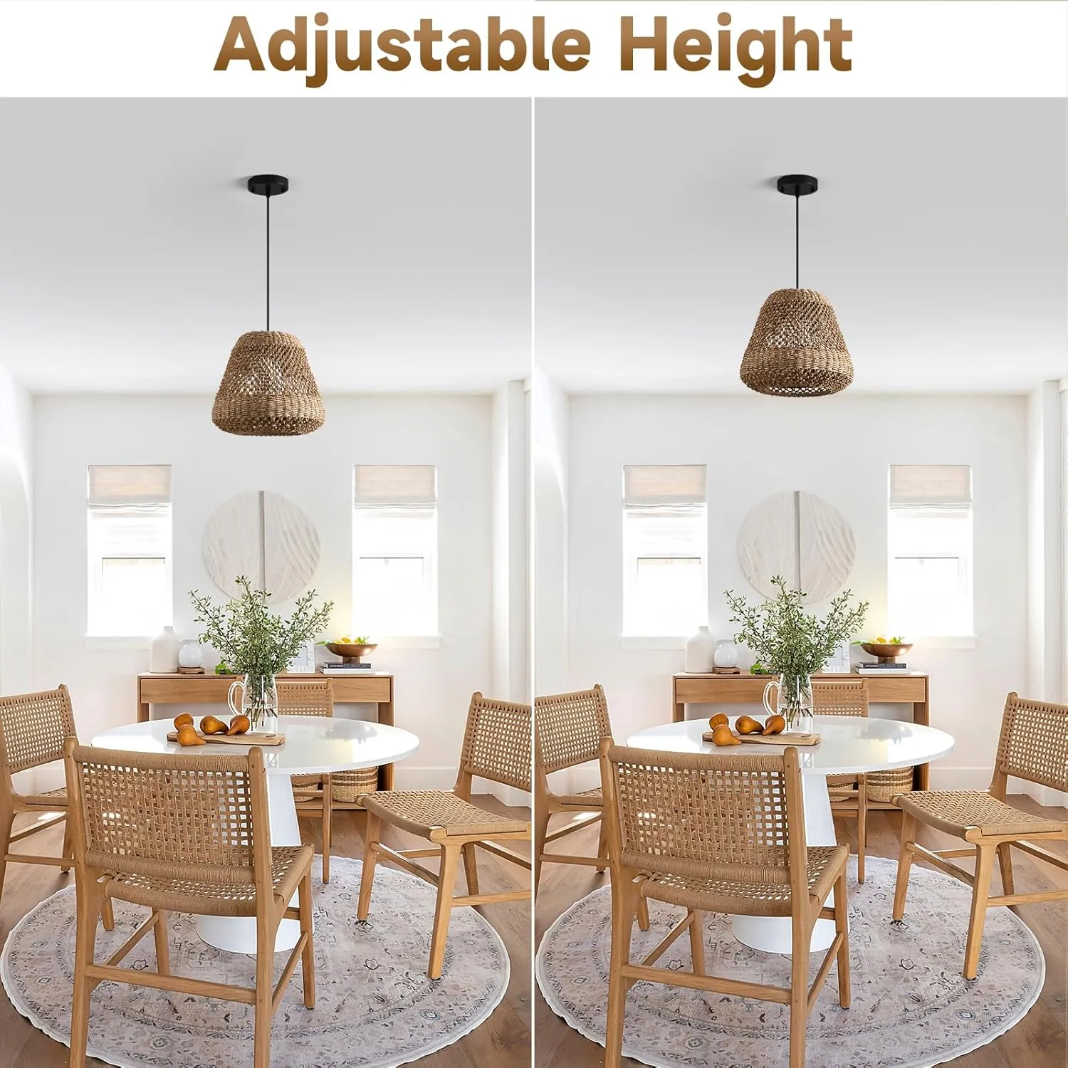 Rattan Pendant Light Kitchen Island 15.8in Boho Brown Chandelier Wicker Lights Fixture Woven Basket Hanging Ceiling Lighting for Dining Living Room Bedroom Restaurant Farmhouse Foyer