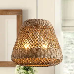 Rattan Pendant Light Kitchen Island 15.8in Boho Brown Chandelier Wicker Lights Fixture Woven Basket Hanging Ceiling Lighting for Dining Living Room Bedroom Restaurant Farmhouse Foyer