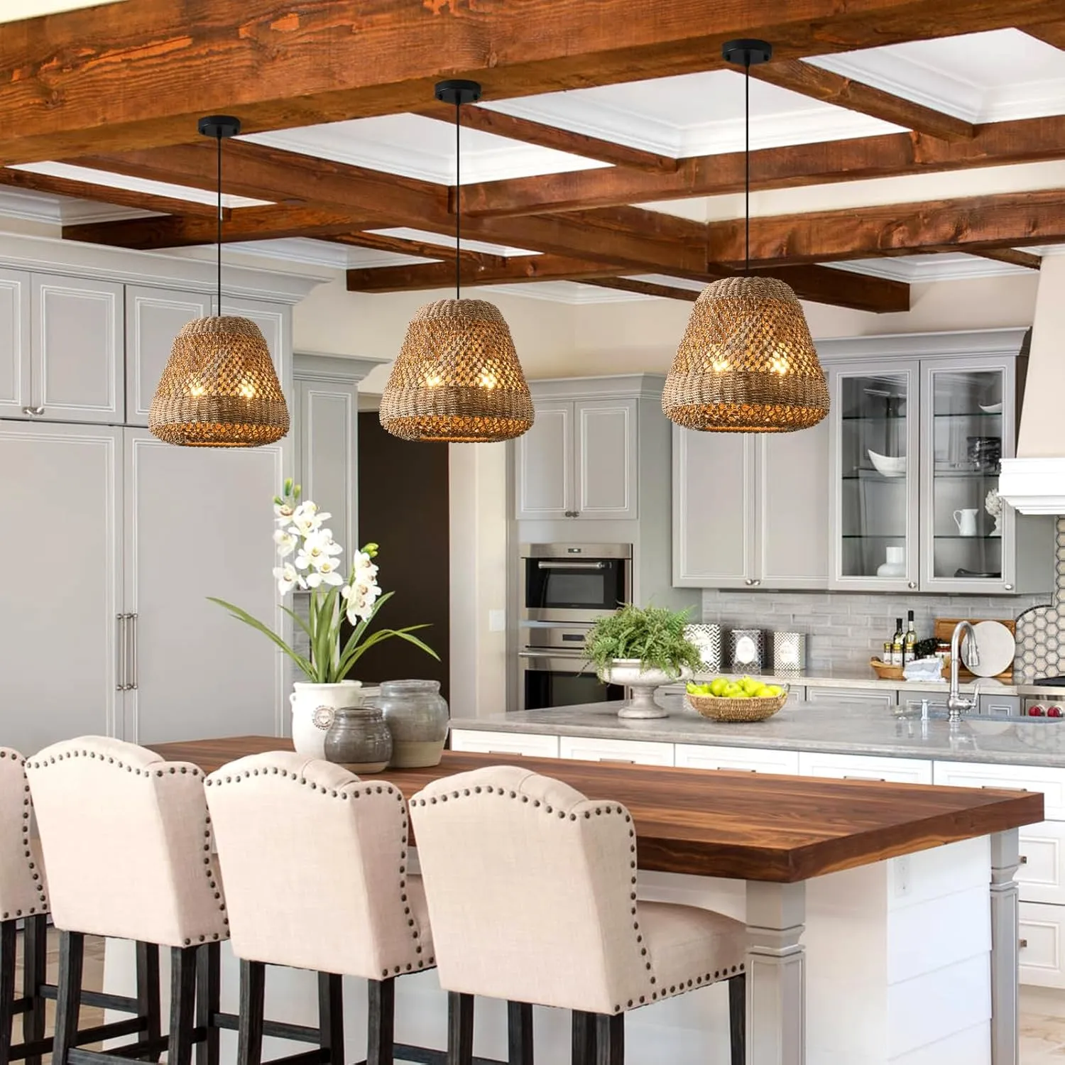 Rattan Pendant Light Kitchen Island 15.8in Boho Brown Chandelier Wicker Lights Fixture Woven Basket Hanging Ceiling Lighting for Dining Living Room Bedroom Restaurant Farmhouse Foyer