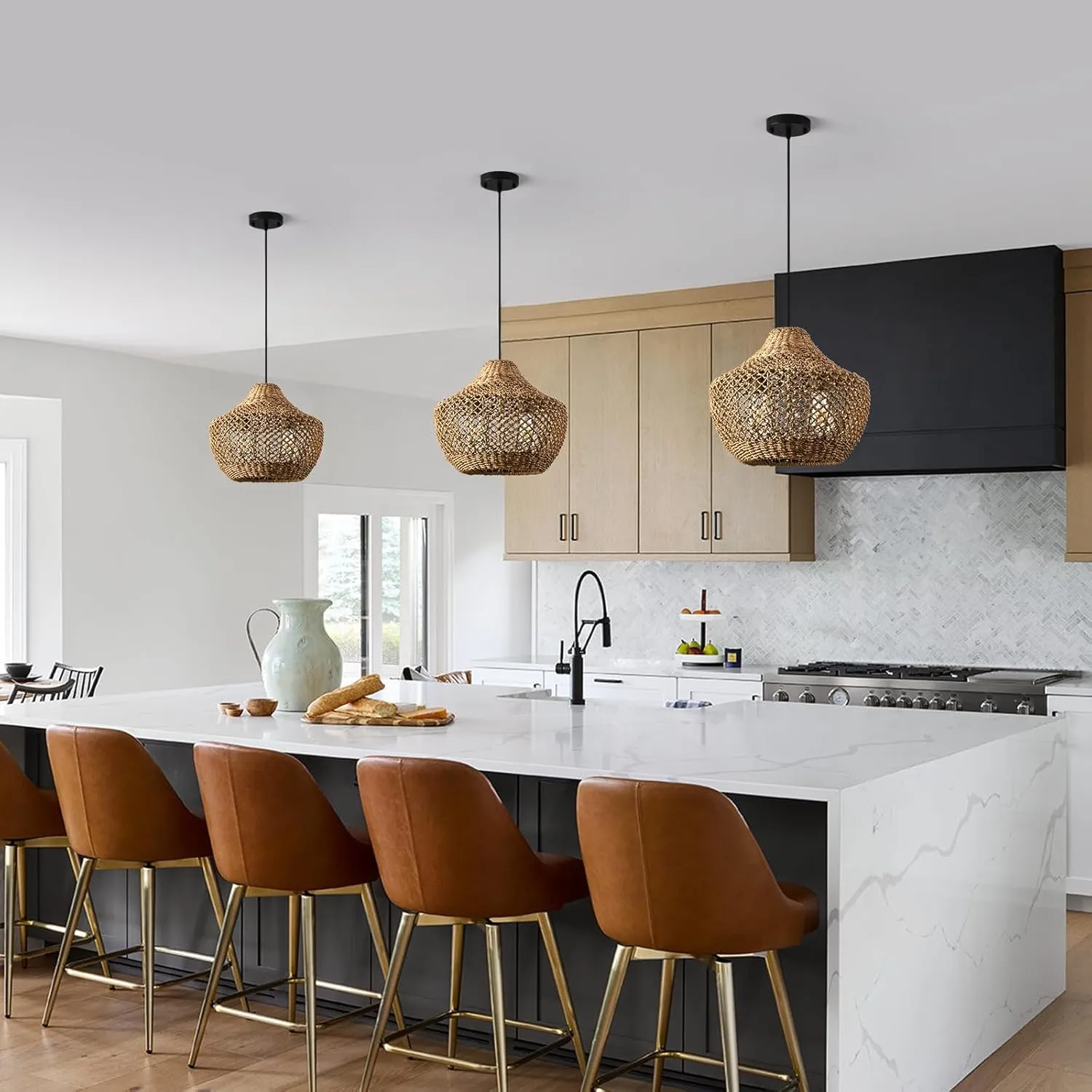 Rattan Pendant Light Kitchen Island 15in Boho Dining Room Light Fixture Brown Wicker Chandelier 2-Light Hand-Woven Basket Hanging Ceiling Lighting for Bedroom Restaurant Foyer Hallway