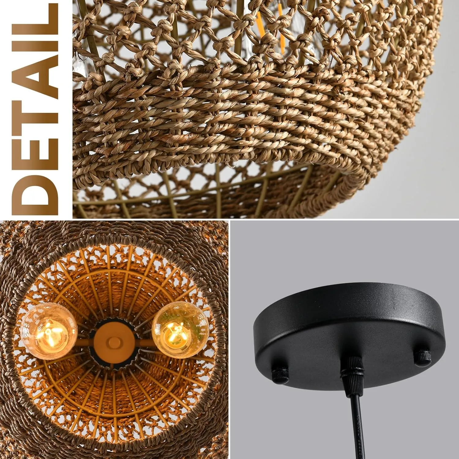 Rattan Pendant Light Kitchen Island 15in Boho Dining Room Light Fixture Brown Wicker Chandelier 2-Light Hand-Woven Basket Hanging Ceiling Lighting for Bedroom Restaurant Foyer Hallway