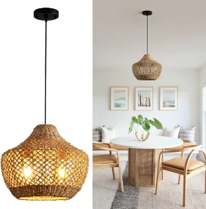 Rattan Pendant Light Kitchen Island 15in Boho Dining Room Light Fixture Brown Wicker Chandelier 2-Light Hand-Woven Basket Hanging Ceiling Lighting for Bedroom Restaurant Foyer Hallway
