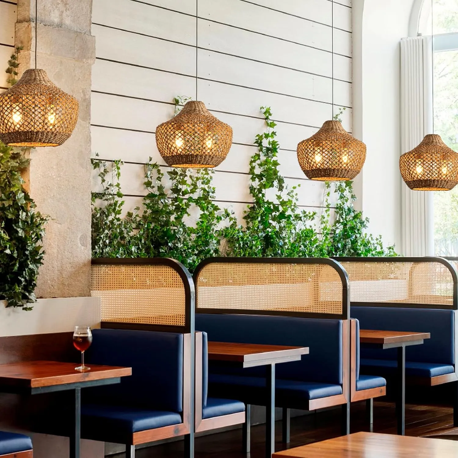 Rattan Pendant Light Kitchen Island 15in Boho Dining Room Light Fixture Brown Wicker Chandelier 2-Light Hand-Woven Basket Hanging Ceiling Lighting for Bedroom Restaurant Foyer Hallway