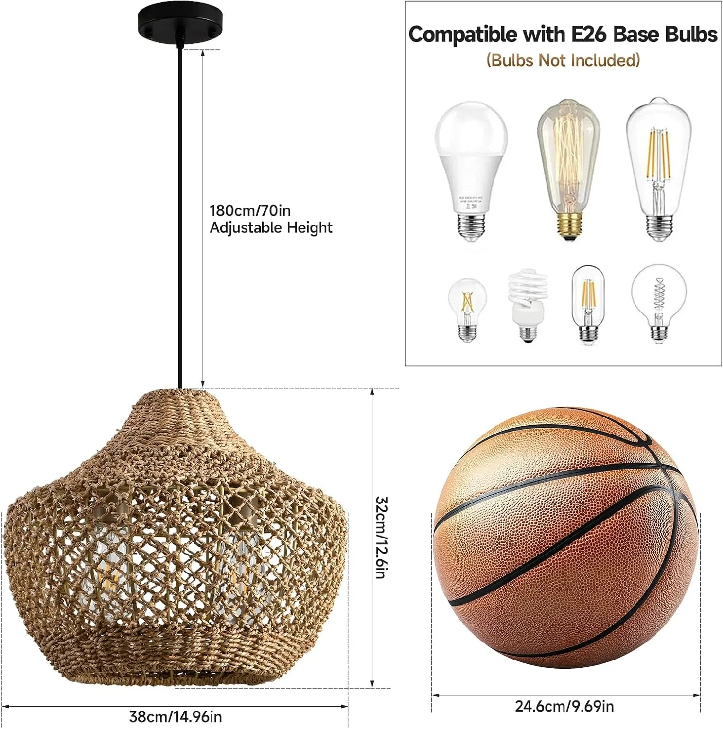 Rattan Pendant Light Kitchen Island 15in Boho Dining Room Light Fixture Brown Wicker Chandelier 2-Light Hand-Woven Basket Hanging Ceiling Lighting for Bedroom Restaurant Foyer Hallway