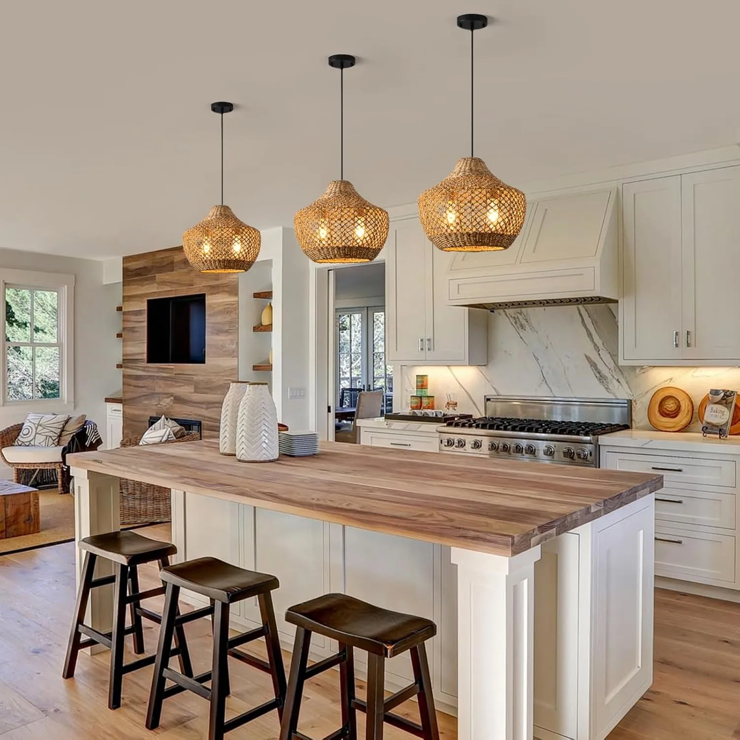 Rattan Pendant Light Kitchen Island 15in Boho Dining Room Light Fixture Brown Wicker Chandelier 2-Light Hand-Woven Basket Hanging Ceiling Lighting for Bedroom Restaurant Foyer Hallway