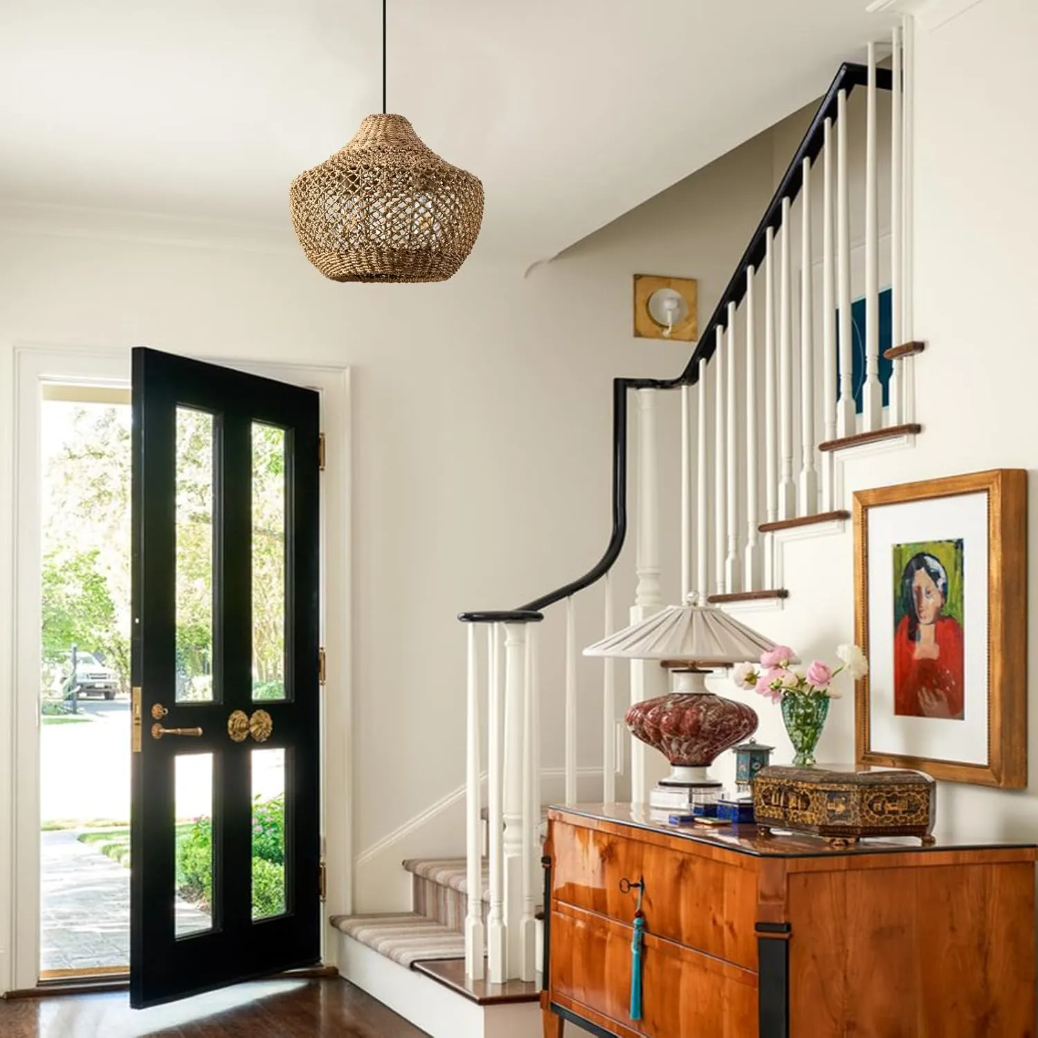 Rattan Pendant Light Kitchen Island 15in Boho Dining Room Light Fixture Brown Wicker Chandelier 2-Light Hand-Woven Basket Hanging Ceiling Lighting for Bedroom Restaurant Foyer Hallway
