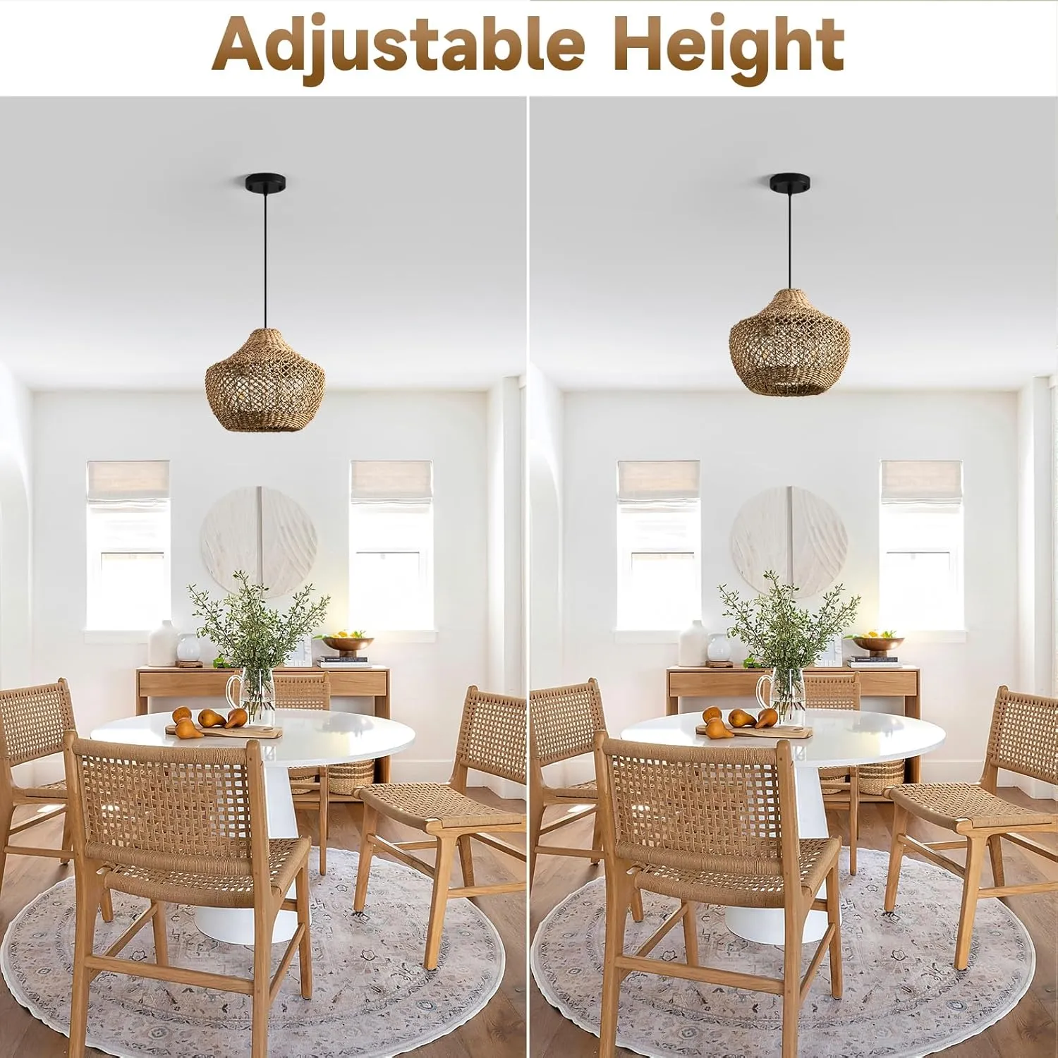 Rattan Pendant Light Kitchen Island 15in Boho Dining Room Light Fixture Brown Wicker Chandelier 2-Light Hand-Woven Basket Hanging Ceiling Lighting for Bedroom Restaurant Foyer Hallway