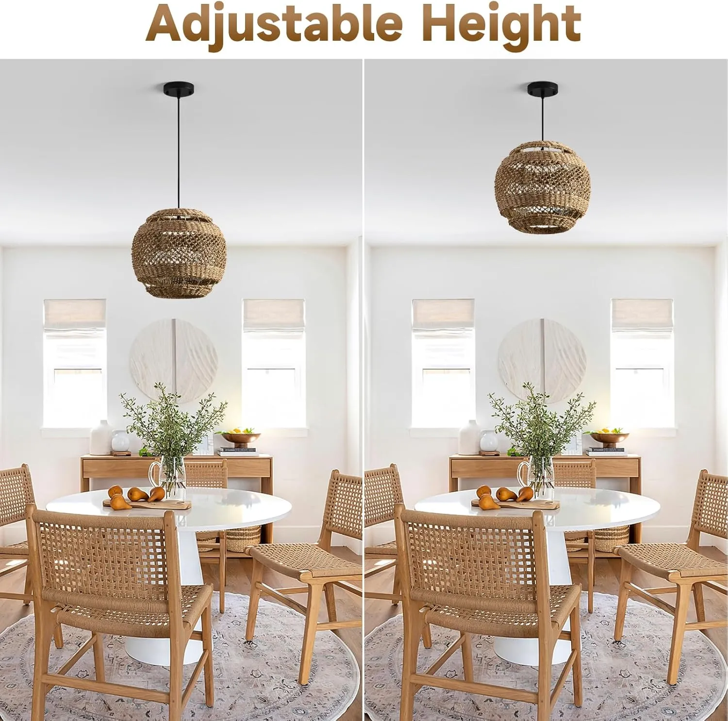 Rattan Pendant Lights Boho Chandelier 13.8in Wicker Dining Room Light Fixture Hand-Woven Round Brown Ceiling Hanging Lighting for Kitchen Island Bedroom Restaurant Farmhouse Over Sink