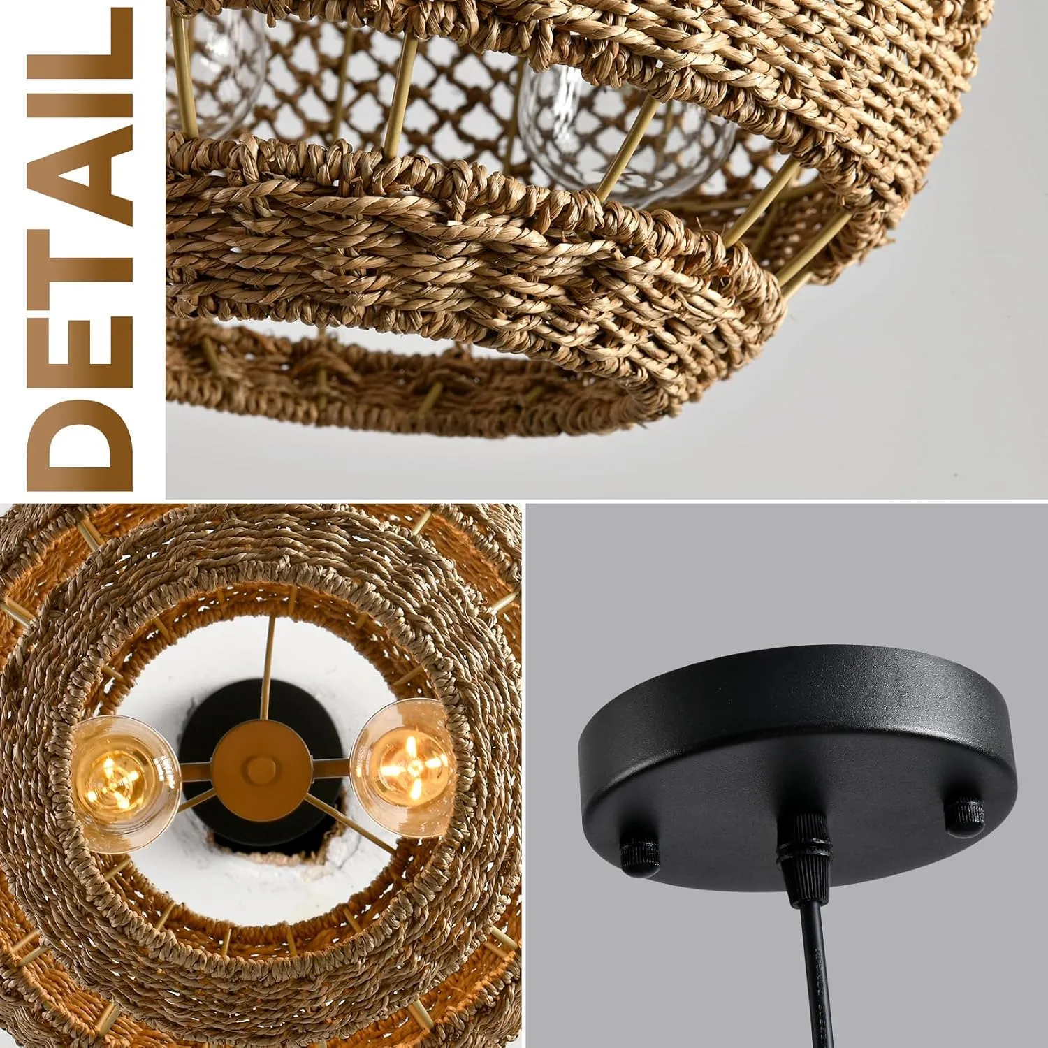 Rattan Pendant Lights Boho Chandelier 13.8in Wicker Dining Room Light Fixture Hand-Woven Round Brown Ceiling Hanging Lighting for Kitchen Island Bedroom Restaurant Farmhouse Over Sink