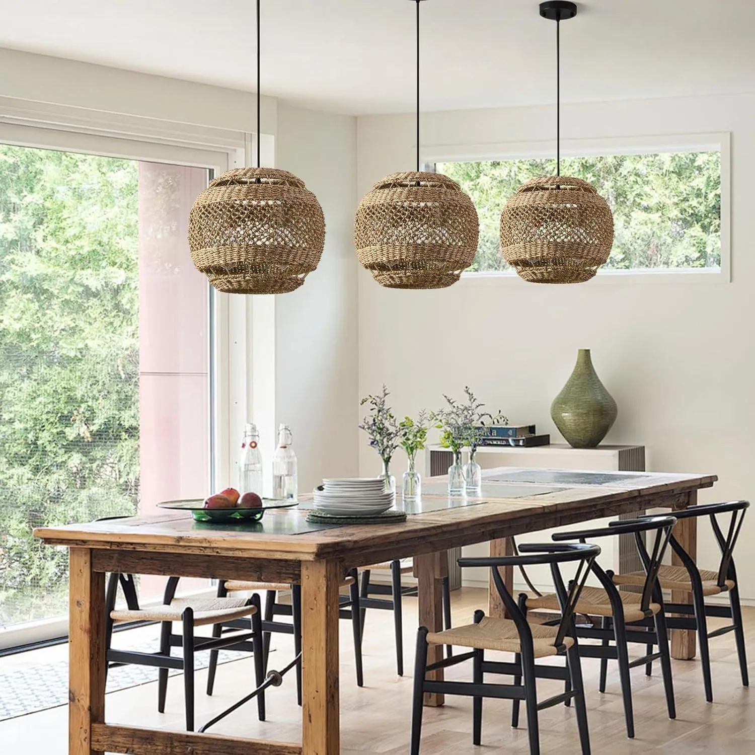Rattan Pendant Lights Boho Chandelier 13.8in Wicker Dining Room Light Fixture Hand-Woven Round Brown Ceiling Hanging Lighting for Kitchen Island Bedroom Restaurant Farmhouse Over Sink