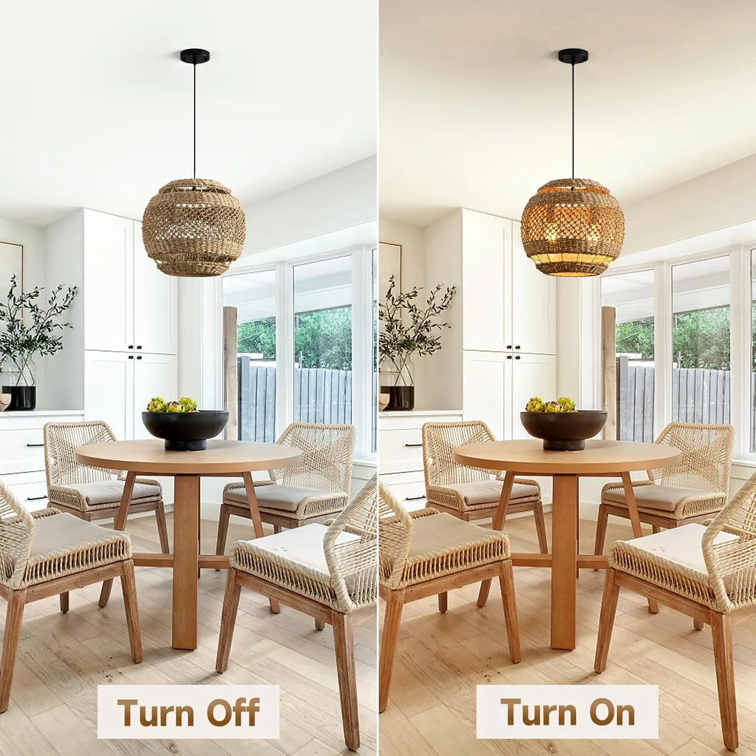 Rattan Pendant Lights Boho Chandelier 13.8in Wicker Dining Room Light Fixture Hand-Woven Round Brown Ceiling Hanging Lighting for Kitchen Island Bedroom Restaurant Farmhouse Over Sink