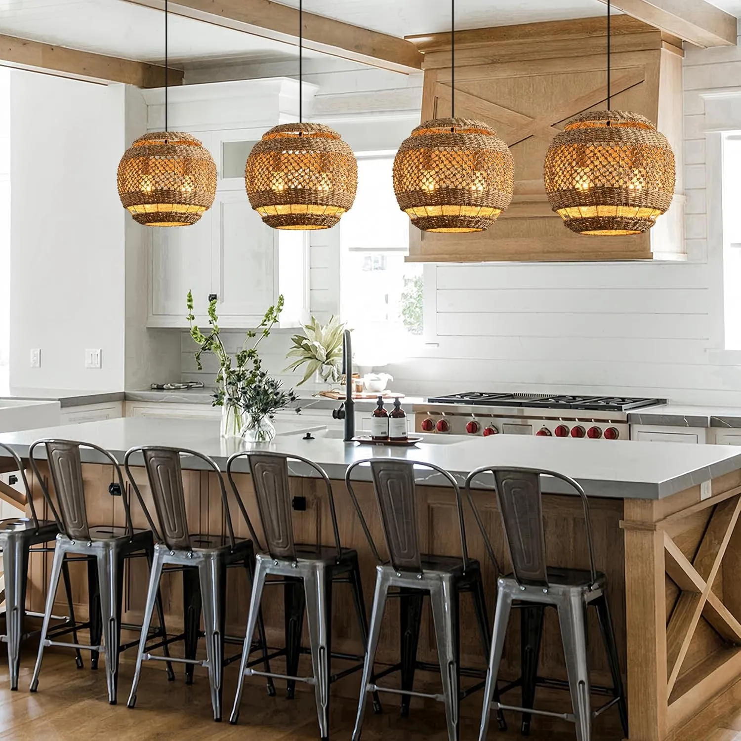 Rattan Pendant Lights Boho Chandelier 13.8in Wicker Dining Room Light Fixture Hand-Woven Round Brown Ceiling Hanging Lighting for Kitchen Island Bedroom Restaurant Farmhouse Over Sink