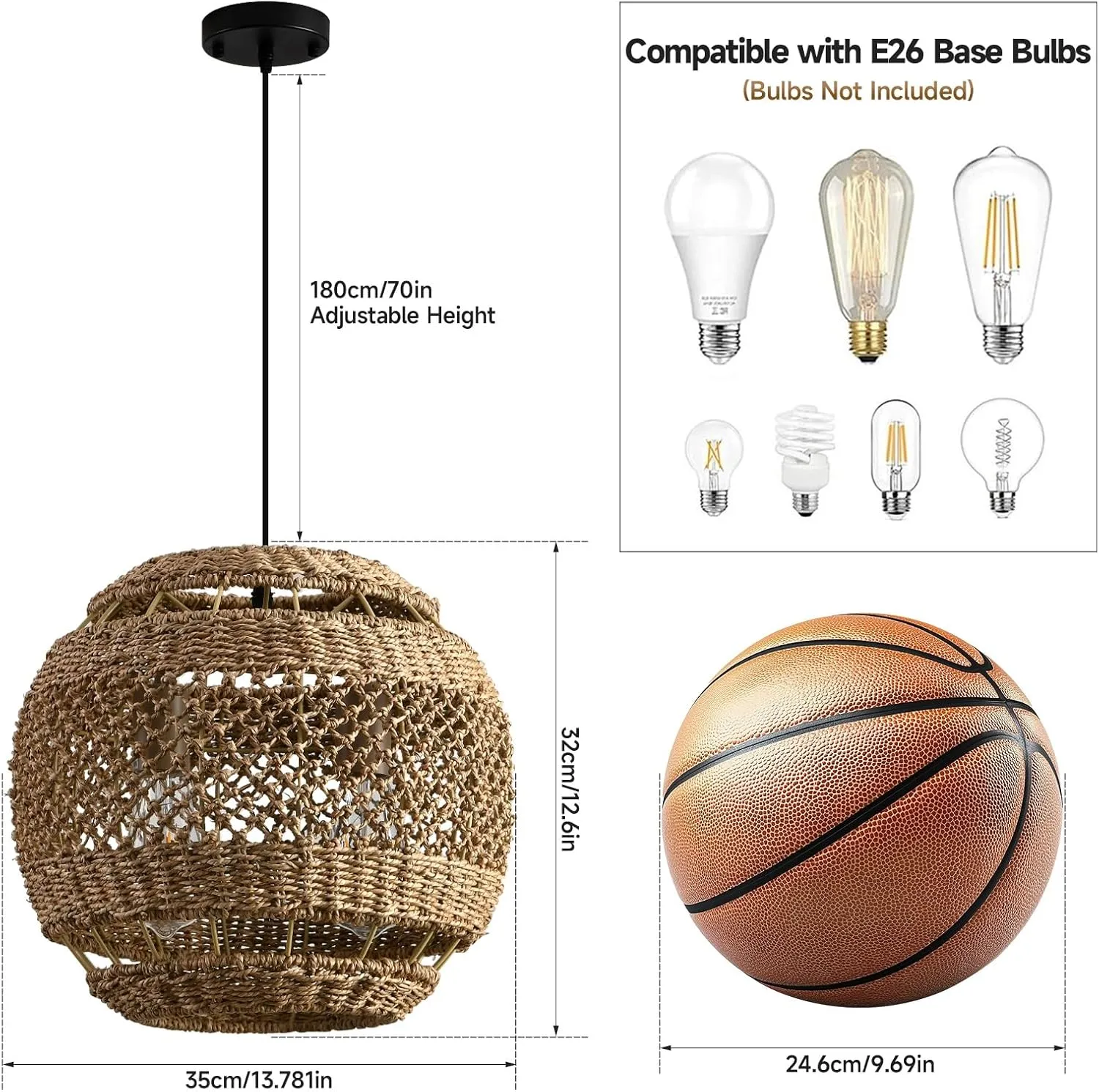 Rattan Pendant Lights Boho Chandelier 13.8in Wicker Dining Room Light Fixture Hand-Woven Round Brown Ceiling Hanging Lighting for Kitchen Island Bedroom Restaurant Farmhouse Over Sink