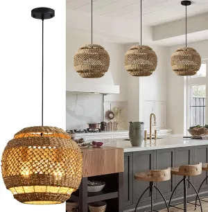 Rattan Pendant Lights Boho Chandelier 13.8in Wicker Dining Room Light Fixture Hand-Woven Round Brown Ceiling Hanging Lighting for Kitchen Island Bedroom Restaurant Farmhouse Over Sink