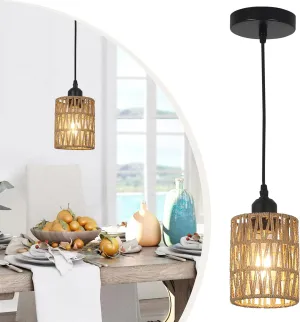Rattan Pendant Lights, Boho Farmhouse Pendant Lighting with Hand Woven Natural Rattan Shade, Small Wicker Light Fixtures Ceiling Hanging for Dining Room Kitchen Bedroom Foyer Hallway