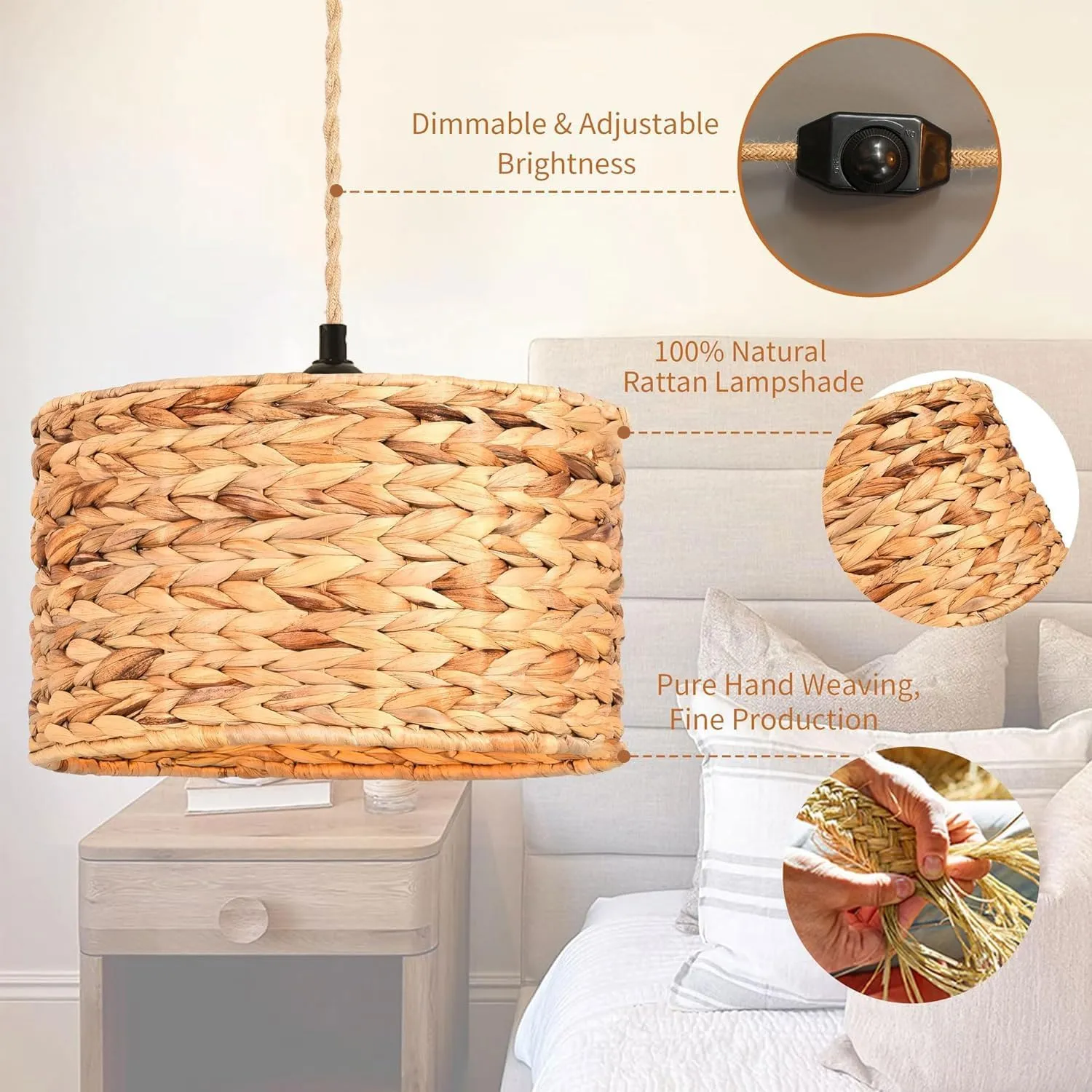 Rattan Plug in Pendant Light Boho Hanging Lights with Plug in Cord & Dimmable Switch,Indoor Hanging Lamp Plug in Wicker Woven Lampshade for Living Room Bedroom Dinning Island