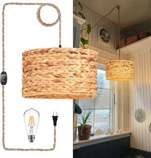Rattan Plug in Pendant Light Boho Hanging Lights with Plug in Cord & Dimmable Switch,Indoor Hanging Lamp Plug in Wicker Woven Lampshade for Living Room Bedroom Dinning Island
