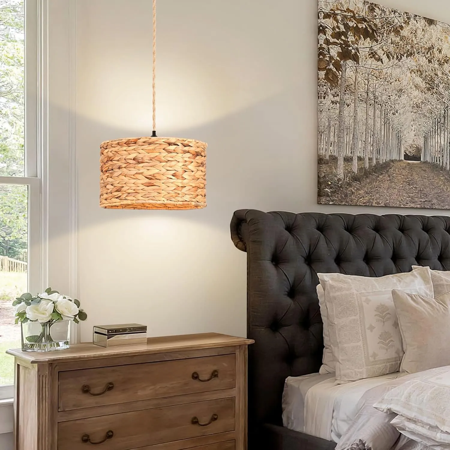 Rattan Plug in Pendant Light Boho Hanging Lights with Plug in Cord & Dimmable Switch,Indoor Hanging Lamp Plug in Wicker Woven Lampshade for Living Room Bedroom Dinning Island