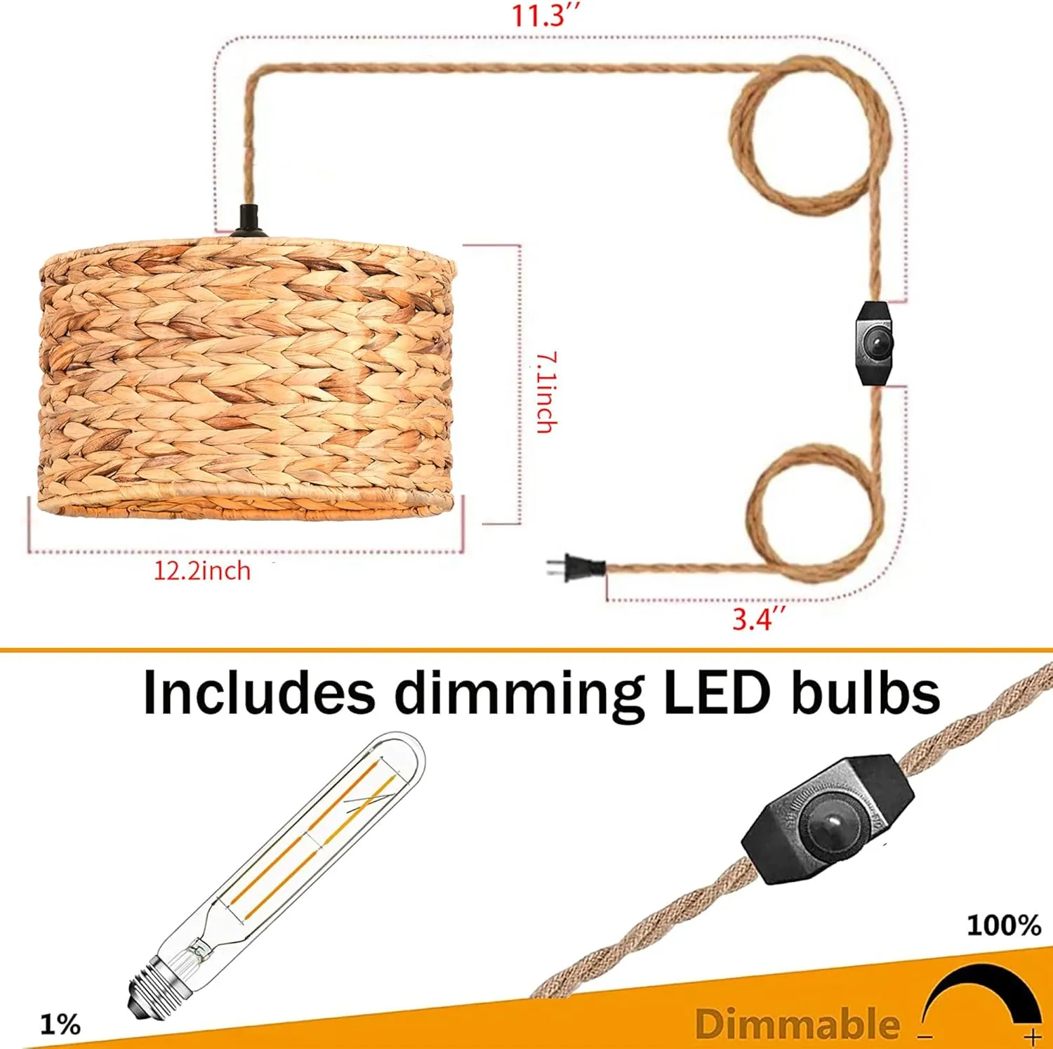 Rattan Plug in Pendant Light Boho Hanging Lights with Plug in Cord & Dimmable Switch,Indoor Hanging Lamp Plug in Wicker Woven Lampshade for Living Room Bedroom Dinning Island