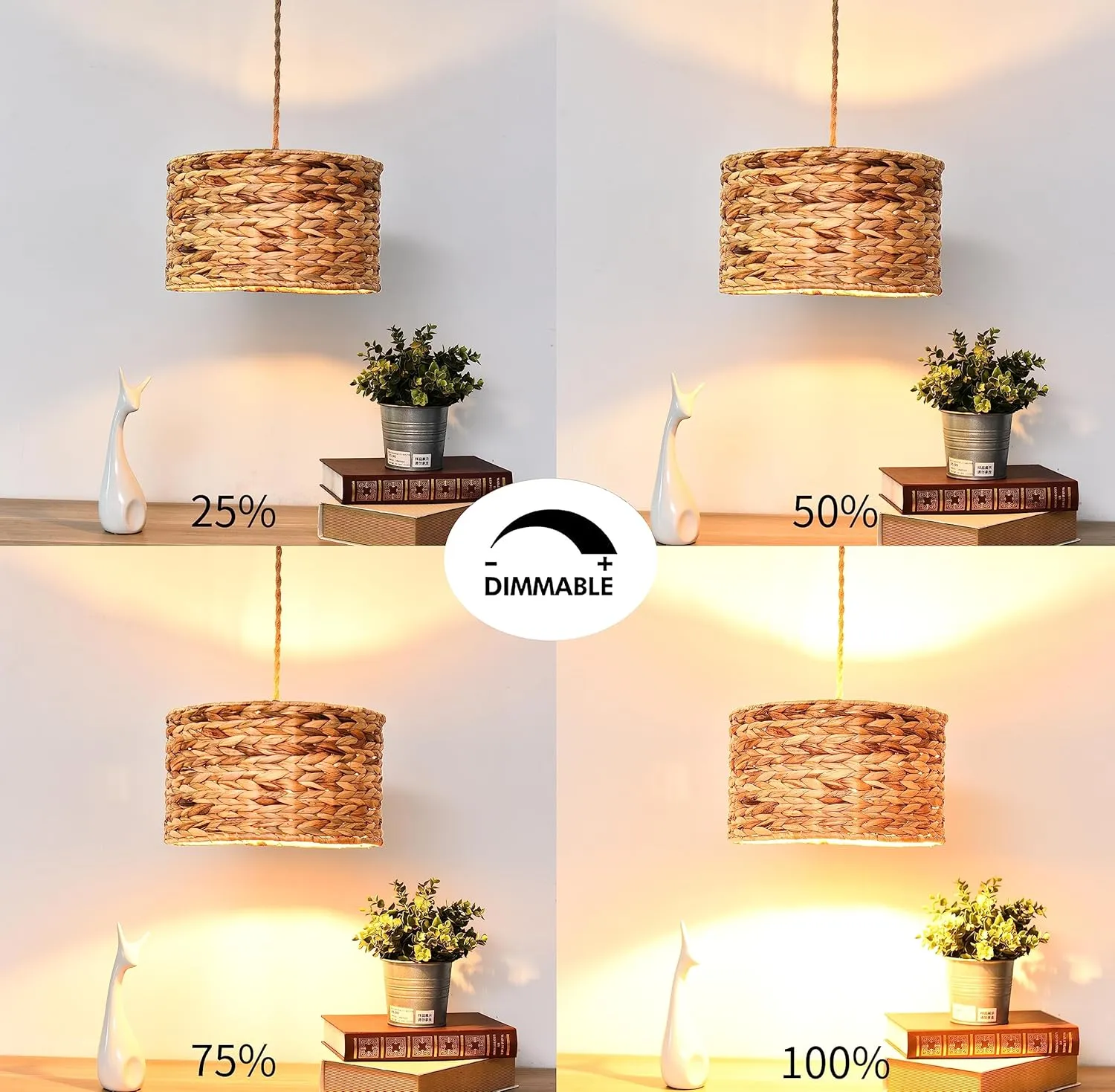 Rattan Plug in Pendant Light Boho Hanging Lights with Plug in Cord & Dimmable Switch,Indoor Hanging Lamp Plug in Wicker Woven Lampshade for Living Room Bedroom Dinning Island