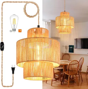 Rattan Plug in Pendant Light Boho Hanging Lights with Plug in Cord,3-Tier Wicker Hanging Lamp Rattan Plug in Chandelier Boho Hanging Light for Living Room Bedroom Dinning Island