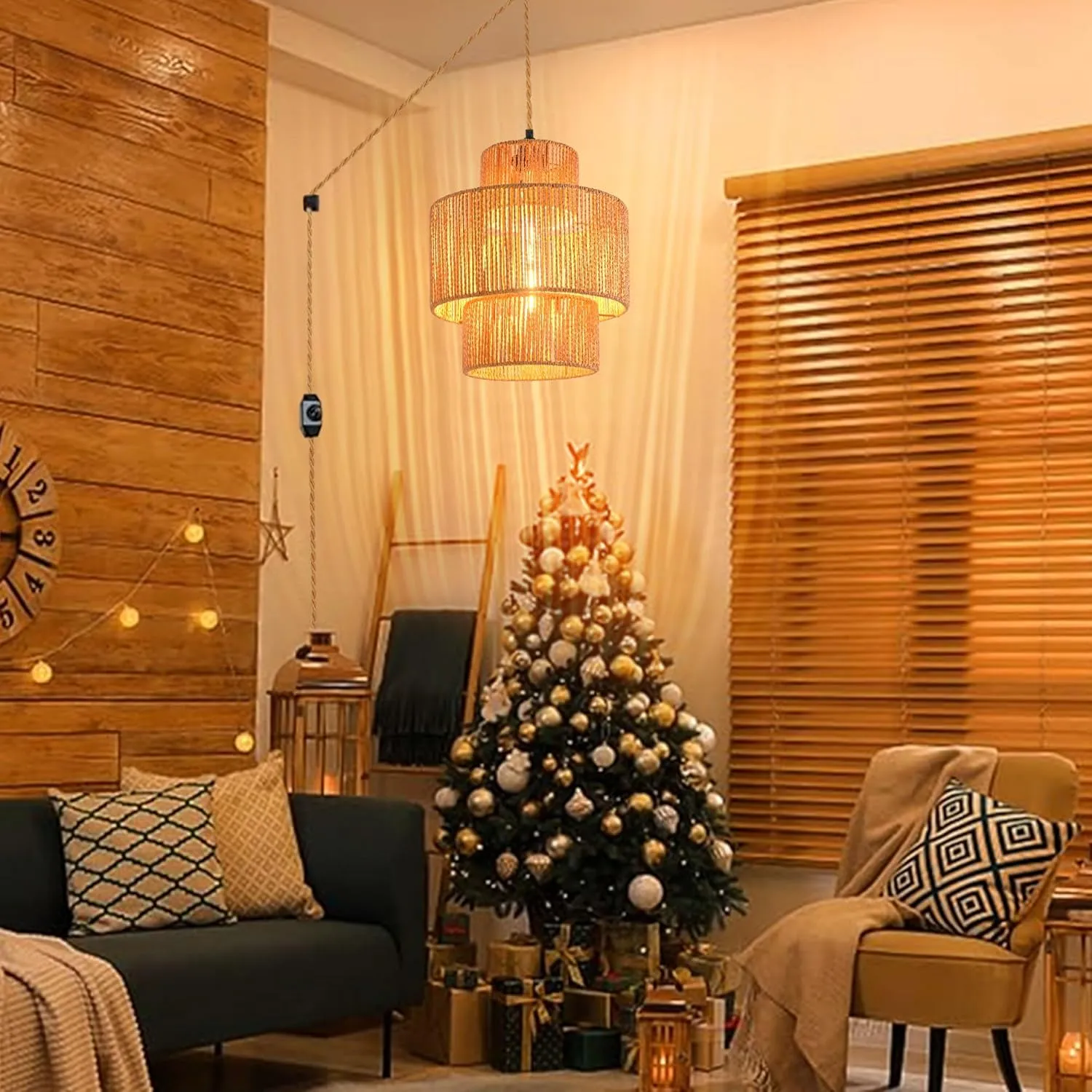Rattan Plug in Pendant Light Boho Hanging Lights with Plug in Cord,3-Tier Wicker Hanging Lamp Rattan Plug in Chandelier Boho Hanging Light for Living Room Bedroom Dinning Island