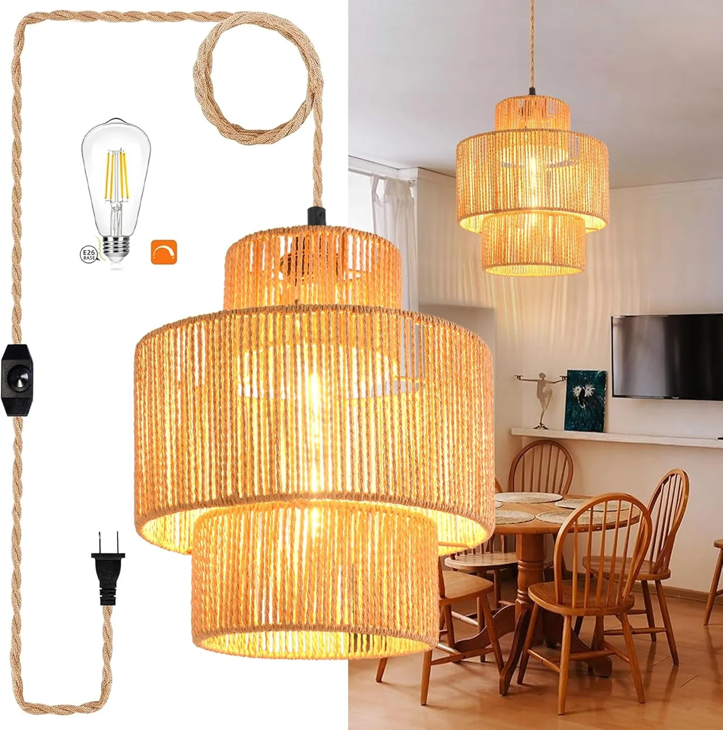 Rattan Plug in Pendant Light Boho Hanging Lights with Plug in Cord,3-Tier Wicker Hanging Lamp Rattan Plug in Chandelier Boho Hanging Light for Living Room Bedroom Dinning Island