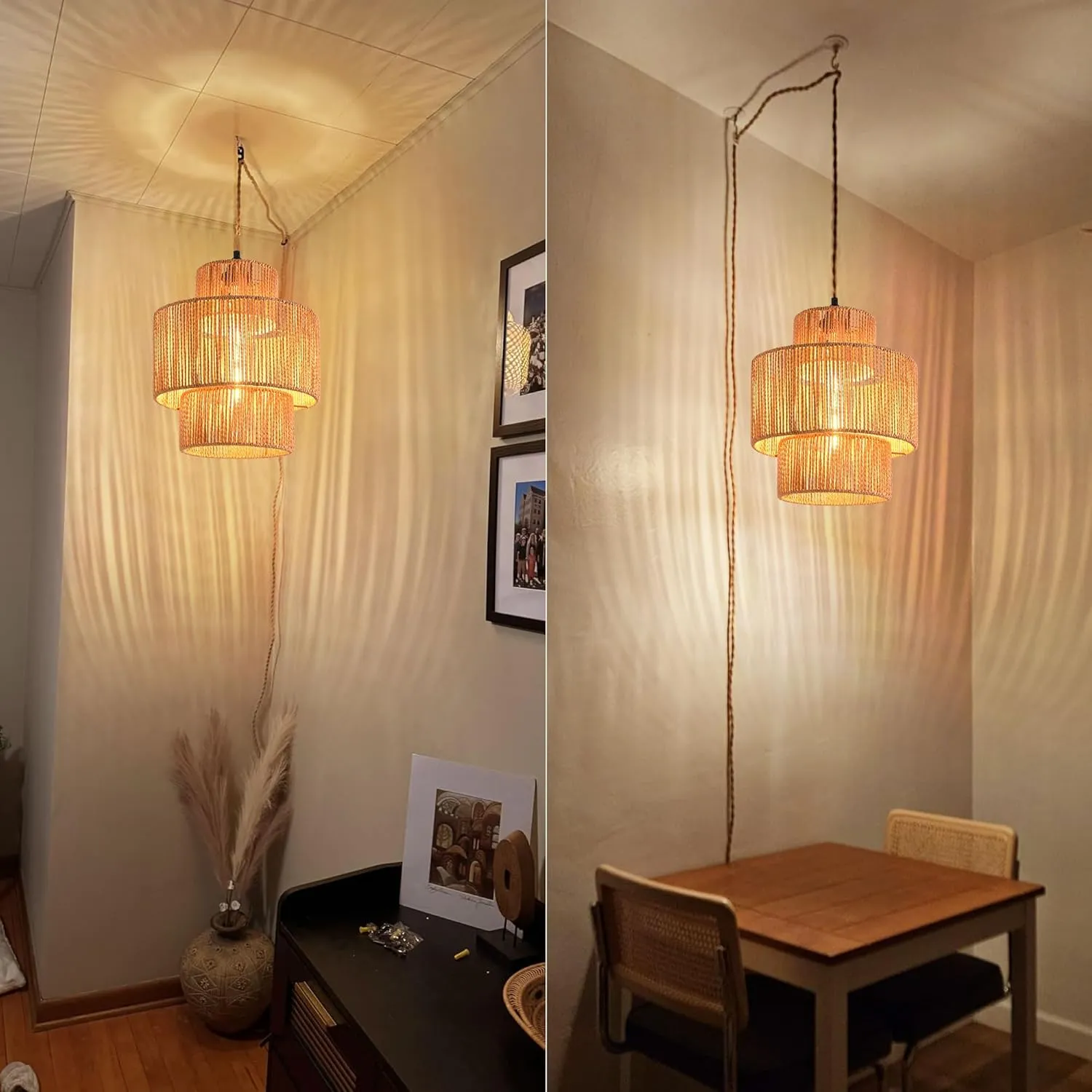 Rattan Plug in Pendant Light Boho Hanging Lights with Plug in Cord,3-Tier Wicker Hanging Lamp Rattan Plug in Chandelier Boho Hanging Light for Living Room Bedroom Dinning Island