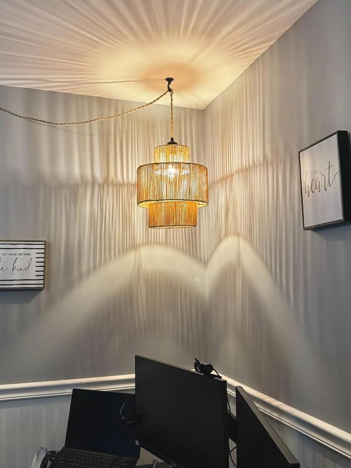 Rattan Plug in Pendant Light Boho Hanging Lights with Plug in Cord,3-Tier Wicker Hanging Lamp Rattan Plug in Chandelier Boho Hanging Light for Living Room Bedroom Dinning Island