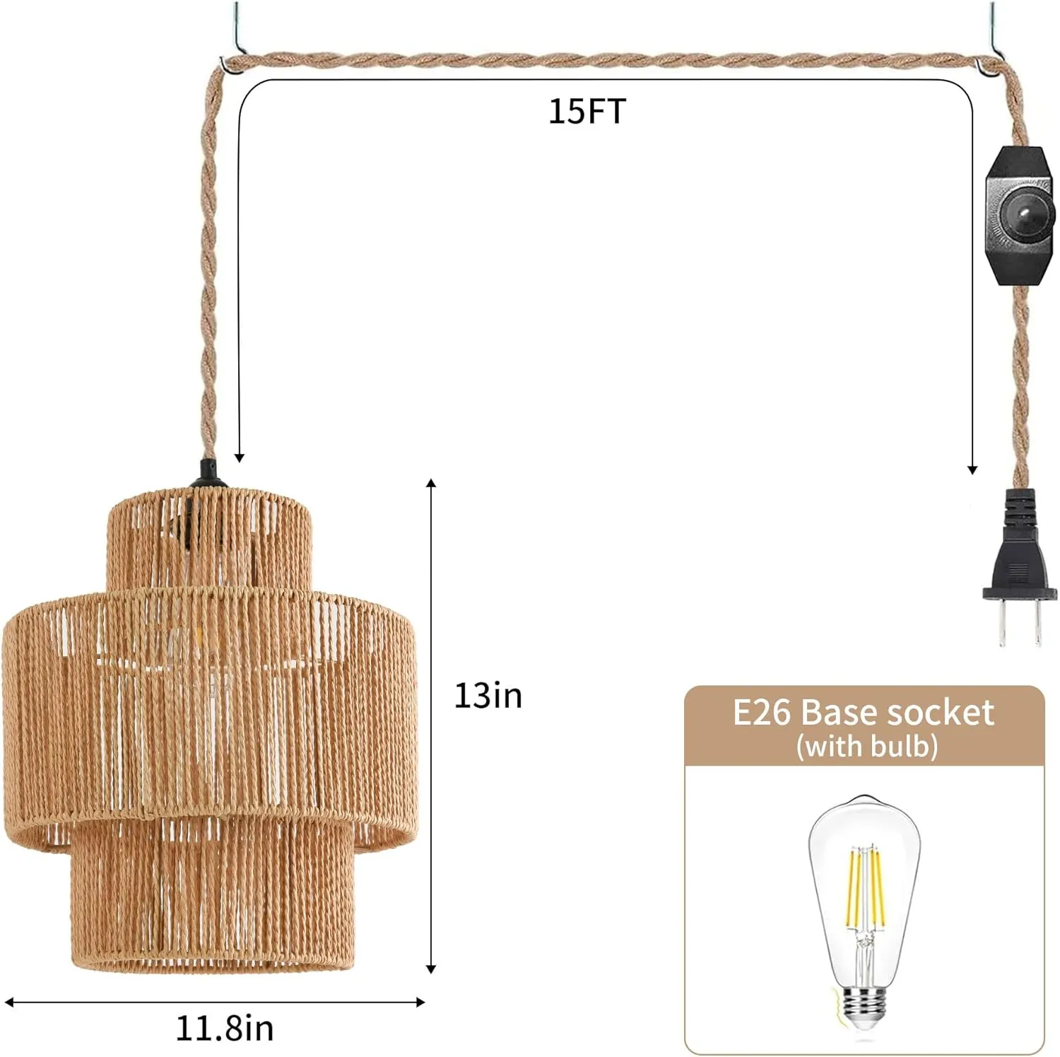 Rattan Plug in Pendant Light Boho Hanging Lights with Plug in Cord,3-Tier Wicker Hanging Lamp Rattan Plug in Chandelier Boho Hanging Light for Living Room Bedroom Dinning Island