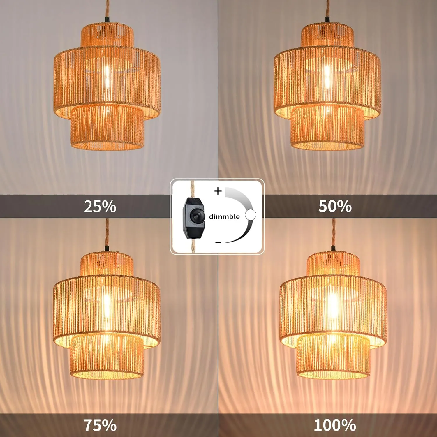 Rattan Plug in Pendant Light Boho Hanging Lights with Plug in Cord,3-Tier Wicker Hanging Lamp Rattan Plug in Chandelier Boho Hanging Light for Living Room Bedroom Dinning Island