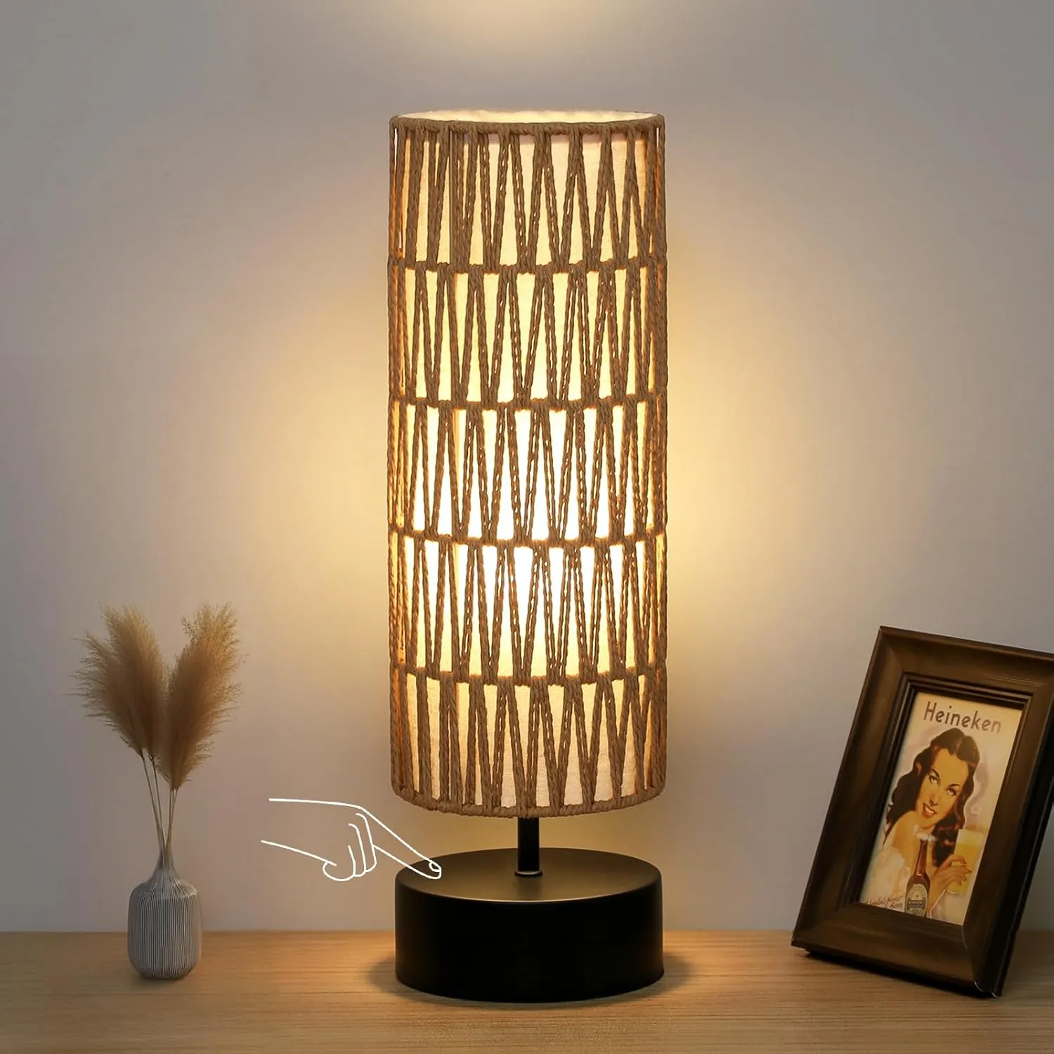 Rattan Table Lamp, Touch Control Bedside Table Lamp with Black Base, 3 Way Dimmable Nightstand Lamp with Dual-Layer Shade, Boho Night Light for Bedroom Living Room Home Office, 9W LED Bulb Included
