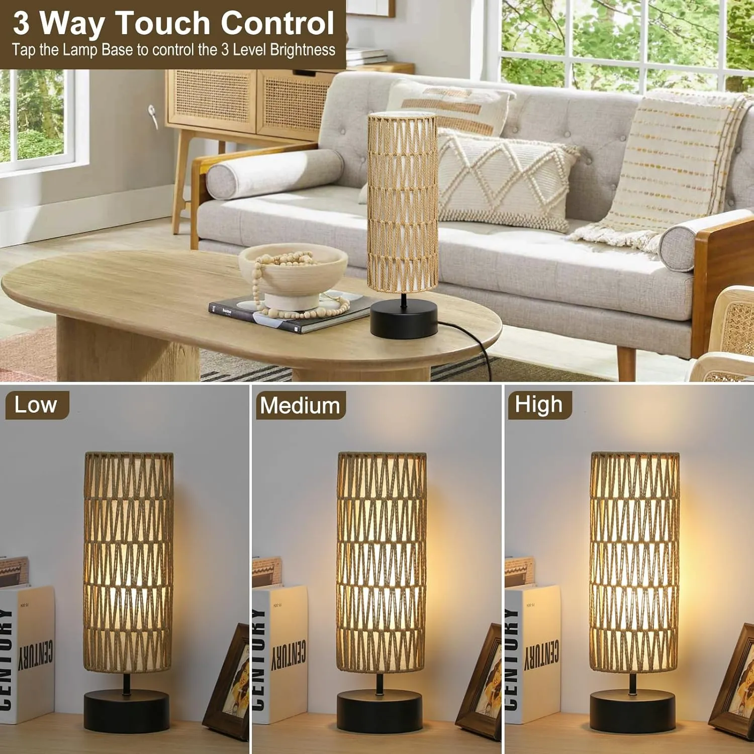 Rattan Table Lamp, Touch Control Bedside Table Lamp with Black Base, 3 Way Dimmable Nightstand Lamp with Dual-Layer Shade, Boho Night Light for Bedroom Living Room Home Office, 9W LED Bulb Included
