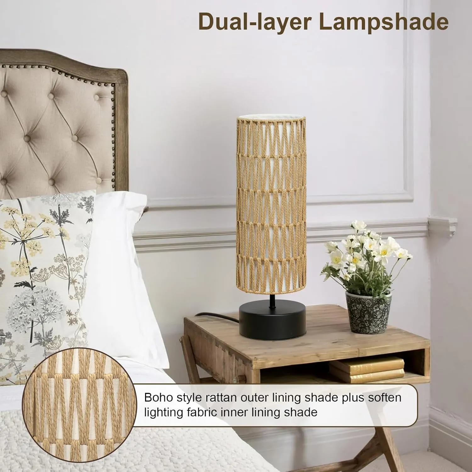 Rattan Table Lamp, Touch Control Bedside Table Lamp with Black Base, 3 Way Dimmable Nightstand Lamp with Dual-Layer Shade, Boho Night Light for Bedroom Living Room Home Office, 9W LED Bulb Included