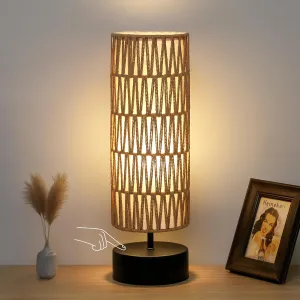 Rattan Table Lamp, Touch Control Bedside Table Lamp with Black Base, 3 Way Dimmable Nightstand Lamp with Dual-Layer Shade, Boho Night Light for Bedroom Living Room Home Office, 9W LED Bulb Included
