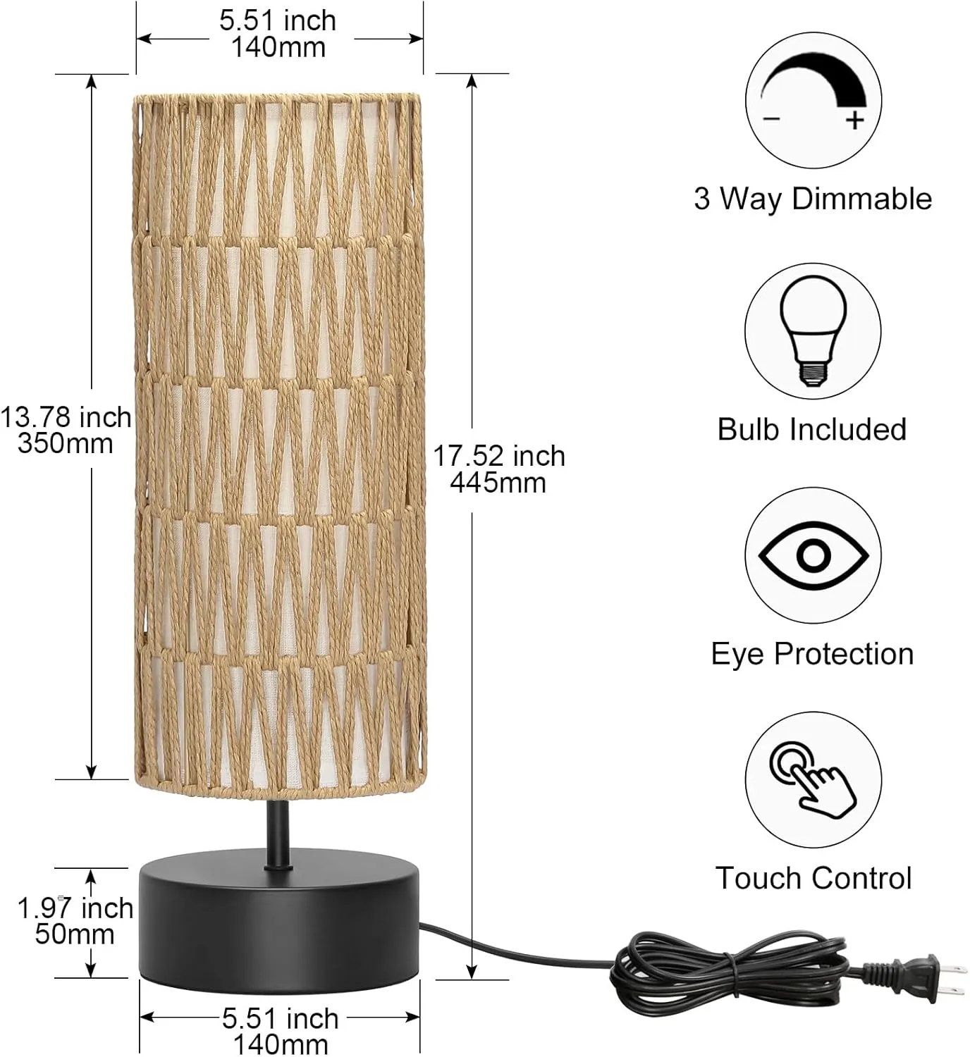 Rattan Table Lamp, Touch Control Bedside Table Lamp with Black Base, 3 Way Dimmable Nightstand Lamp with Dual-Layer Shade, Boho Night Light for Bedroom Living Room Home Office, 9W LED Bulb Included
