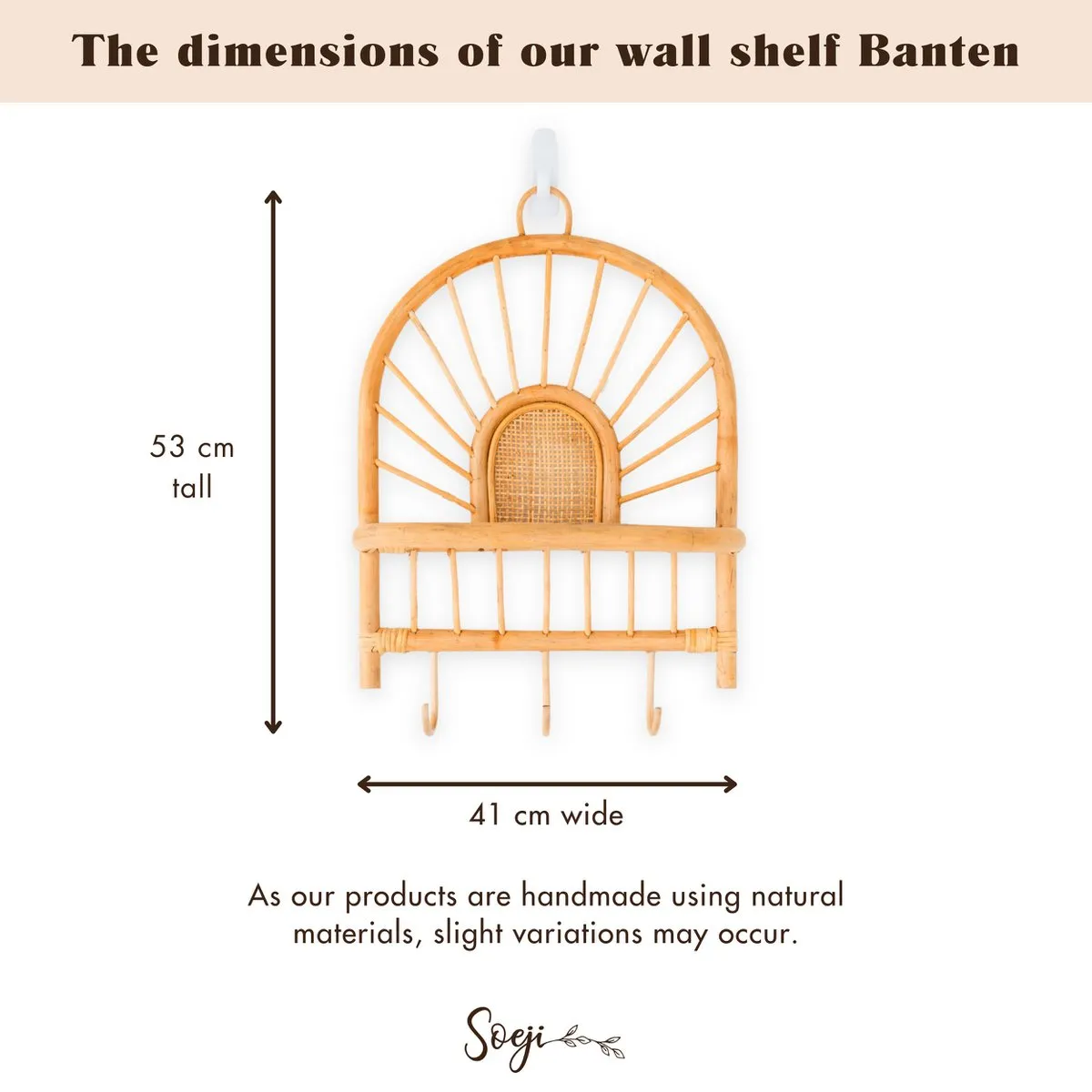 Rattan Wall Shelf – Small Boho Wall Shelf – Hanging Rattan Shelf – Coat or Key Hook – Handmade Shelf Made of Rattan (41x53 cm) BANTEN